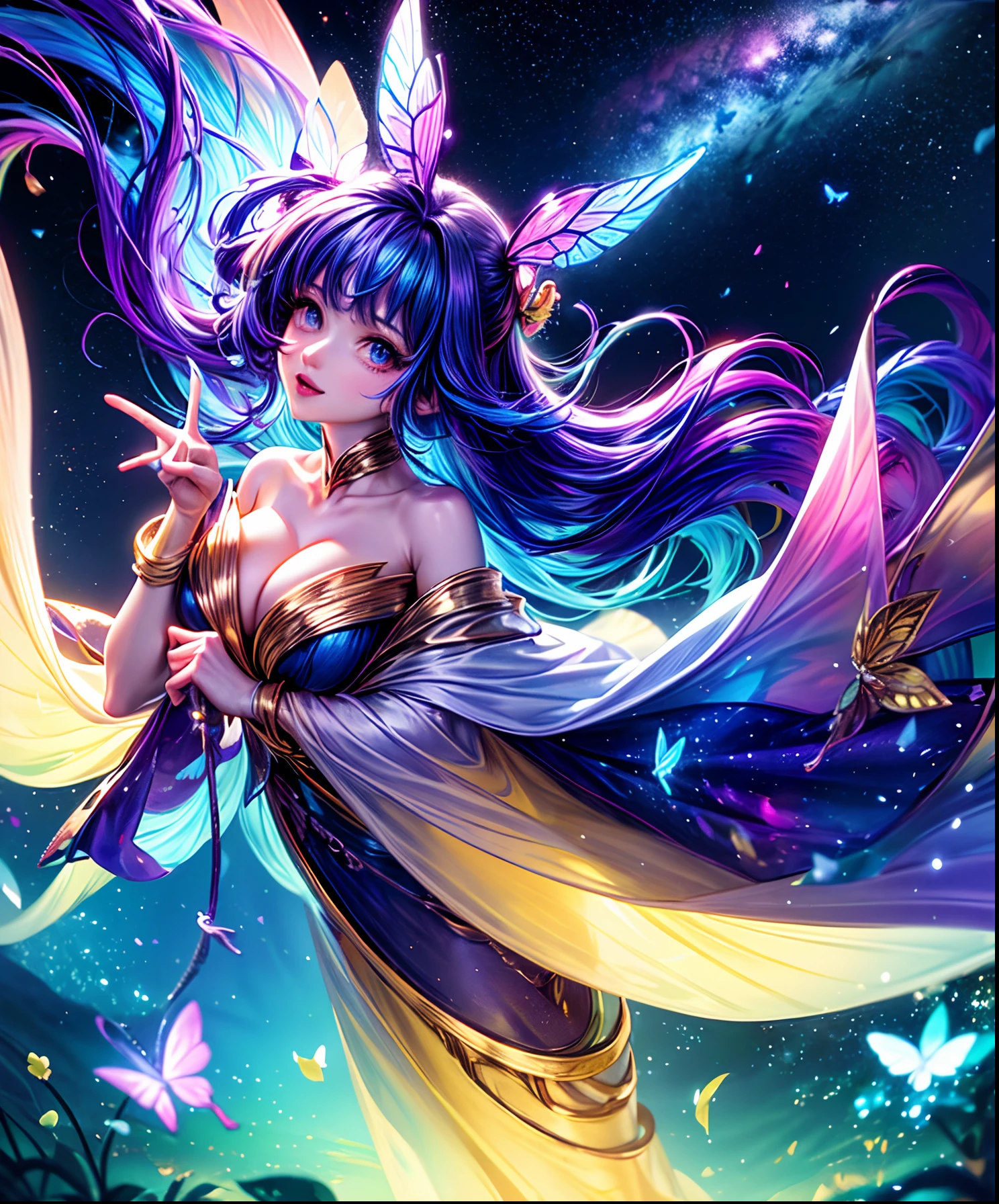 Cute iridescent round monster in space、Iridescent grass々Drawing a butterfly flying above, Looking up at the starry sky. Surround her with colorful nebulae and colorful forests. Colorful night view