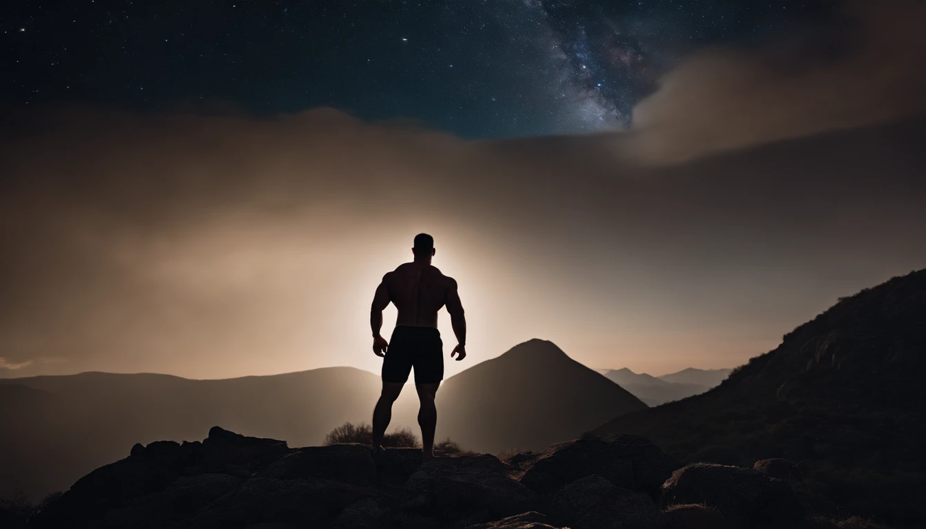 An image of a person s (((MUSCULAR MEN BIG ASS))) tanding on a mountain peak, gazing at the cosmos, with a sense of wonder and clarity.