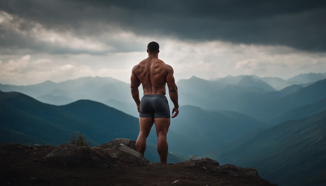 An image of a person s (((MUSCULAR MEN BIG ASS))) tanding on a mountain peak, gazing at the cosmos, with a sense of wonder and clarity.