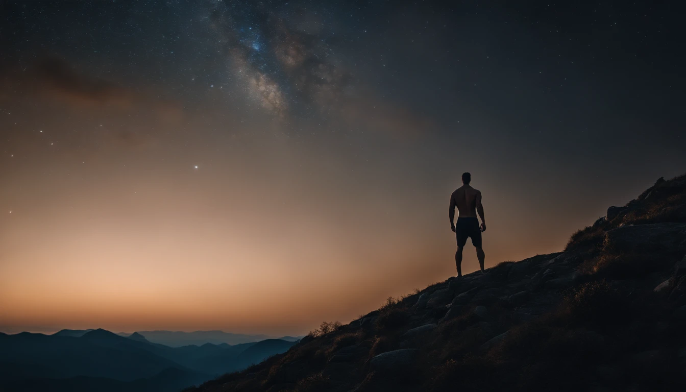 An image of a person s (((MUSCULAR MEN BIG ASS))) tanding on a mountain peak, gazing at the cosmos, with a sense of wonder and clarity.