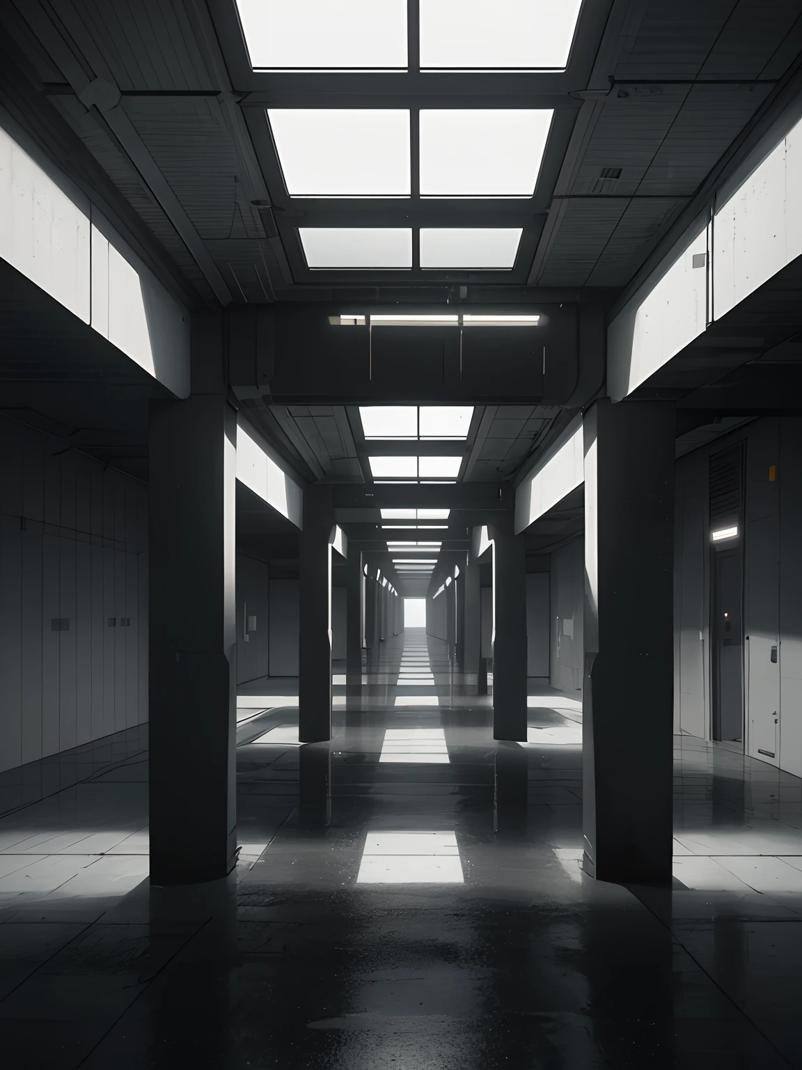 A vast, lightless and very dark corridor with no windows in an empty research facility 16:9 Underpass lined with closed square pillars View from above Black background High Detail level Realistic lighting 3d rendered Background of the vast research facility Near future lack of natural light cyberpunked minimalism rendered inside the house digital concept art of dystopian A little perspective low-saturation telephoto