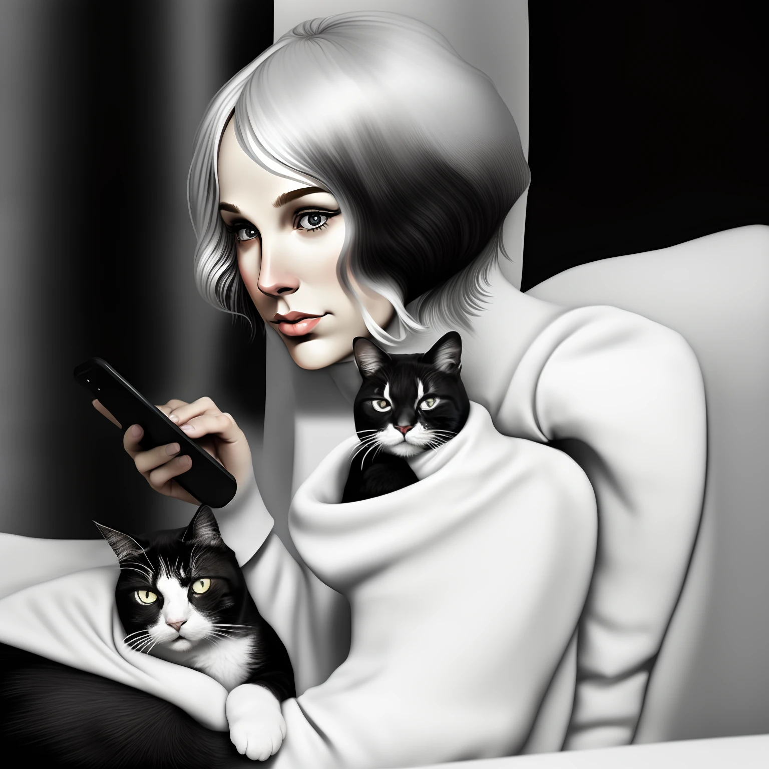 Ordinary 35 Year Old Woman Slightly Round Bowl Cup Dressed in a Turtleneck, Sitting on a couch with a black and white cat and a smartphone.  Drawn in a black-and-white graphic novel style