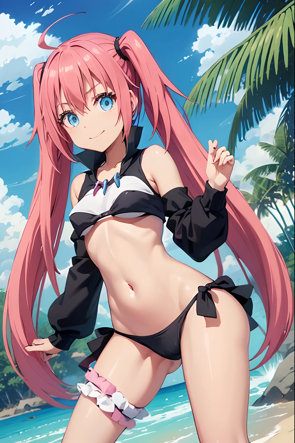 1Feminino、Quando reencarnava, Eu era um personagem slime(Child)、master part、qualidade superior、preciso、animesco、Child Demon King、Aimei、Olhos azuis bonitos e detalhados、cabelo rosa、Bicaudal、Caudas duplas orgulhosas, very short black bikini 、mediuml breasts、Fiel ao original、((barefoot)), barriga musculosa, ((pernas musculosas bonitas)), pernas grossas, (sorrir), na praia sob o sol quente, mostrando a boceta para mim