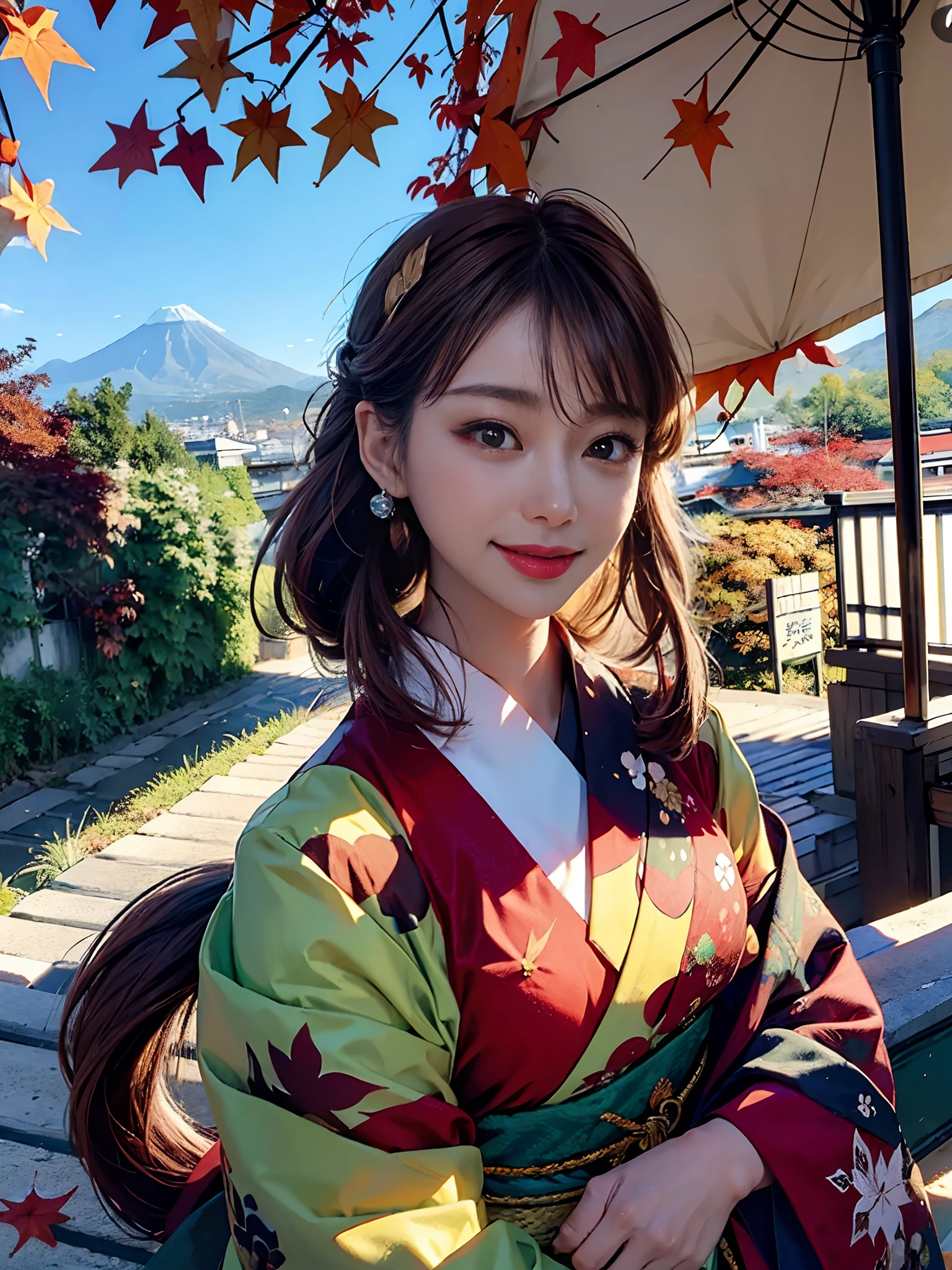 (rokoko:1.5)Background of details(the morning sun(mountainscape))(Kyoto in Japan(Colored leaves:1.5)),BREAK ,elaborate costume(Luxury kimono(Colorful kimono(detailed embroidery()))),BREAK,(1 Beautiful and classy adult woman(Japanese actressl:1.2)(glossy dark hair(poneyTail:1.2))),(eye glass:1.2),(Arms outstretched),BREAK,Wallpapers 16K,Blur the background,(masutepiece:1.5),(Best Quality:1.5),(Portrait photos:1.5),From above