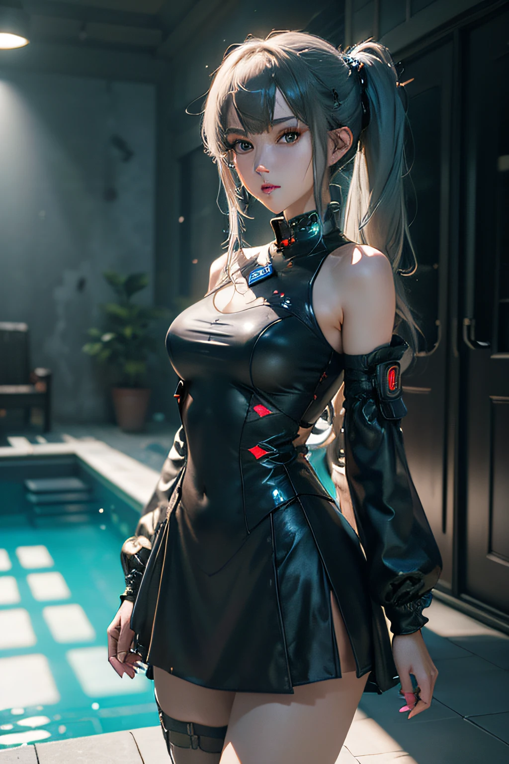 ((top-quality)), ((​masterpiece)), (detaileds:1.4), 。.。.。.。Blue LED is on、.。.。.3D, Blue Eyes Slender、Short skirt with blue LED、Twintail hairstyle,Beautiful Cyberpunk Woman Image,nffsw(HighDynamicRange),Ray traching,NVIDIA RTX,Hyper-Resolution,Unreal 5,Sub-surface scattering,PBR Texturing,Postprocess,Anisotropy Filtering,depth of fields,Maximum clarity and sharpness,multi-layer texture,Albedo and specular maps,Surface Shading,Accurate simulation of light-material interactions,perfectly proportions,Octane Rendering,Two-tone lighting,Wide aperture,Low ISO、White Balance、thirds rule、8K Raw、Night Pool、
