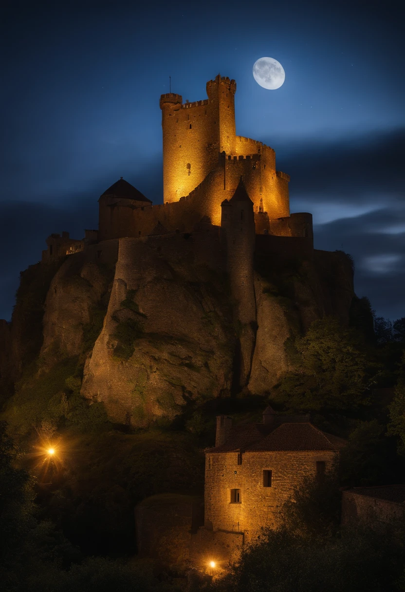 Obra maestra, La mejor calidad, Ultra detallado, 插圖, cuidad tipo medieval, de noche, iluminado por antorchas, al fondo un castillo majestuoso de piedra