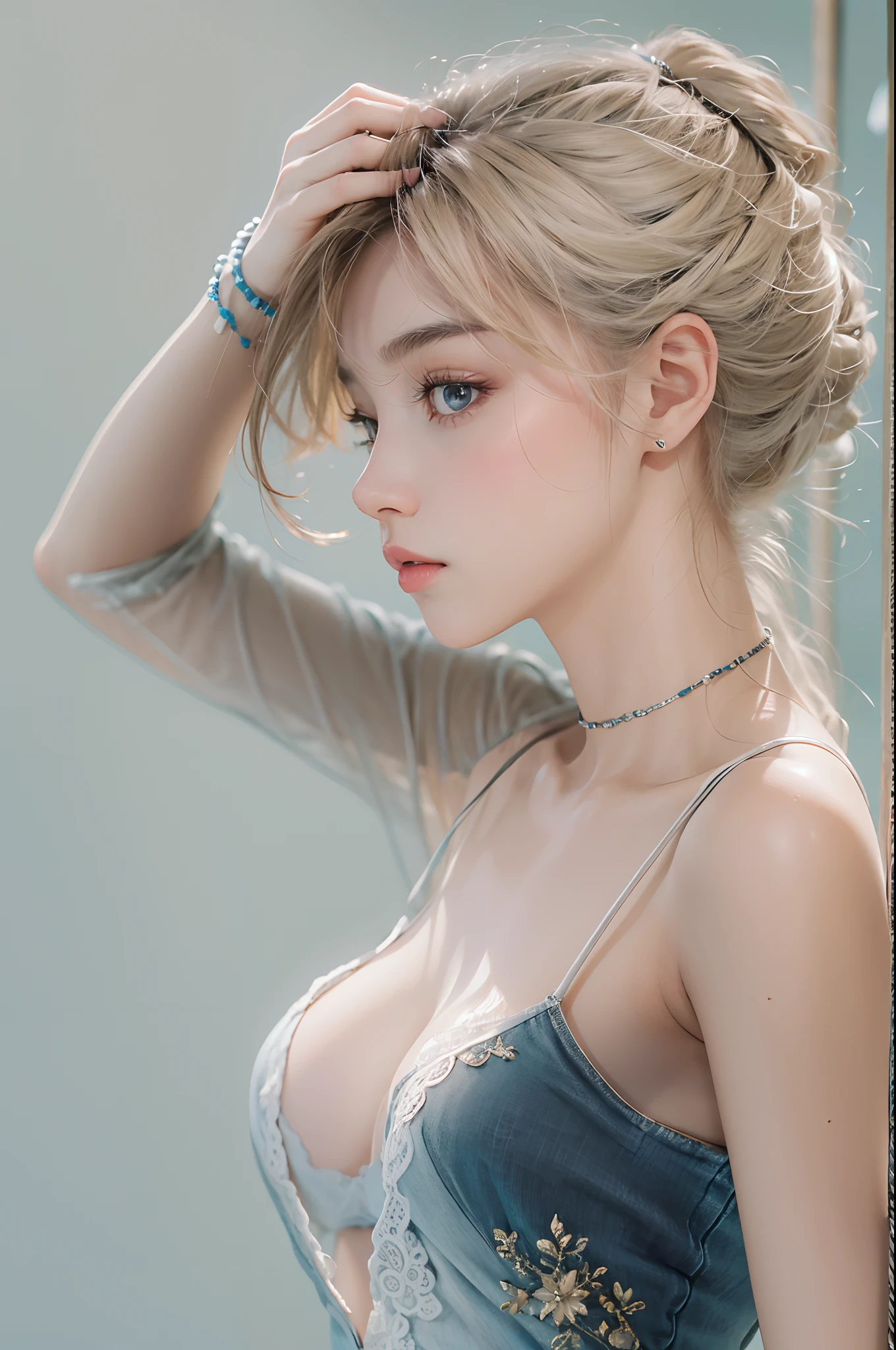 (masterpiece), (best quality), (perfect body), 1girl, stunning beauty, beautiful girl, 1girl, solo, portrait, waist high portrait, eye focus, photography, bare shoulder