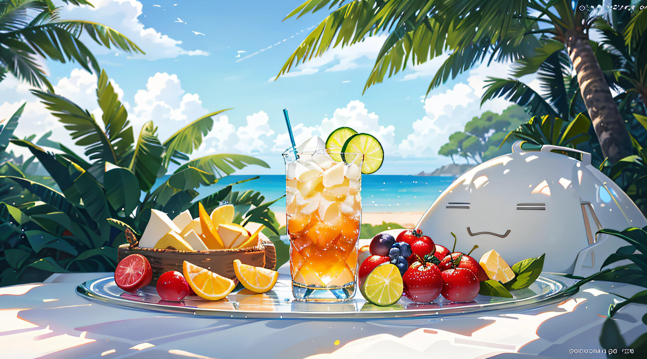 Using the right hand, macro photography depicts picnic scenes themed around a tropical beach holiday in summer. The protagonist of this photo is a cool glass filled with iced carbonated drinks. The lens focuses on glasses, fruit, dazzling midday sun, fisheye lenses, distant views, a hearty meal, (splashed liquid: 1.6), ice, (picnic scene: 0.5) (cute dessert: 0.4), dripping. It's filled with carbonated drinks, translucent liquid, daytime outdoor lights (beach 1.5), tropical plants, hot weather, HD detail, wet watermark, hyperdetail, cinematic, surrealism, soft light, deep field focus bokeh, ray tracing, diffuse (ultra-fine glass reflection), and surrealism.