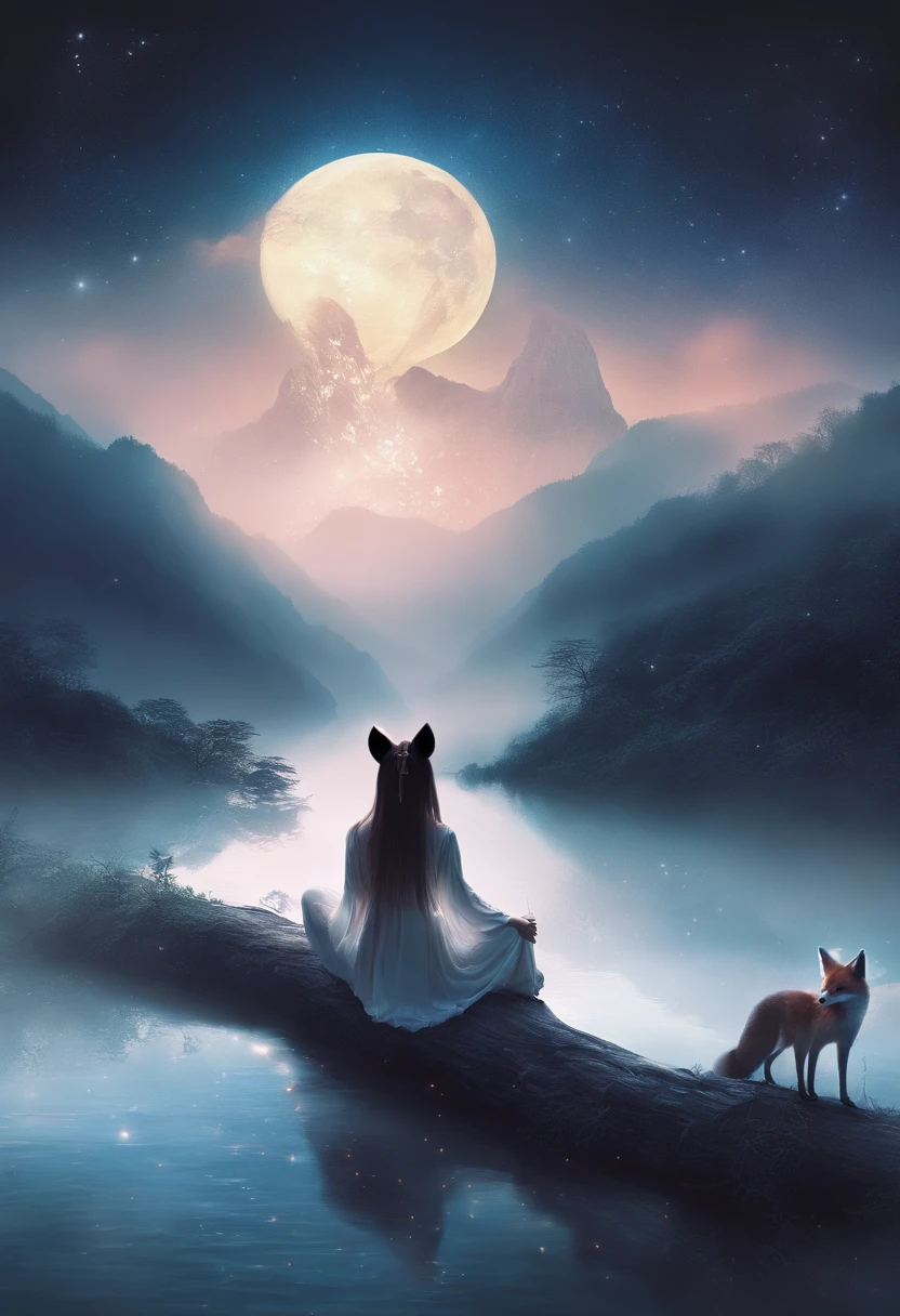 (tmasterpiece,Authentic photography,Concise composition:1.5),the night,Li River scenery,fog atmosphere,White full moon, 1girl, fox ears, meditating in the foreground