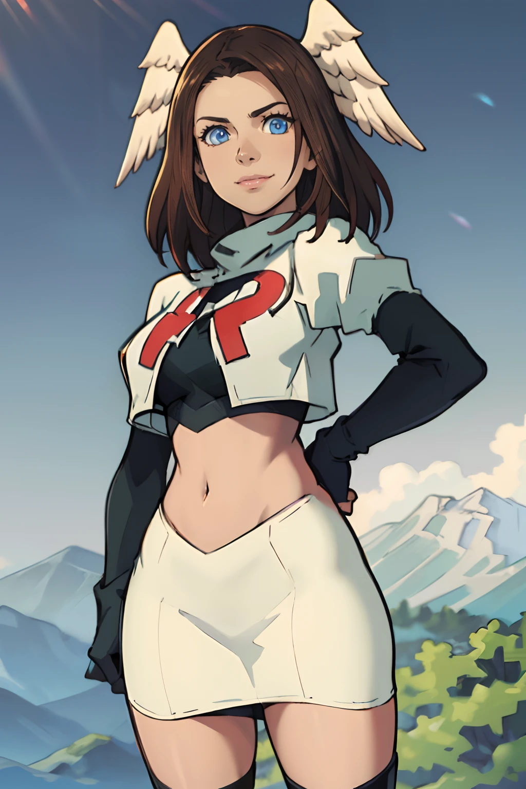 eunie,head wings,team rocket uniform,red letter R,white skirt,white crop top,black thigh-highs,black elbow gloves,smile,blue eyes,(best quality,4k,8k,highres,masterpiece:1.2),ultra-detailed,(realistic,photorealistic,photo-realistic:1.37),HDR,UHD,studio lighting,ultra-fine painting,sharp focus,physically-based rendering,extreme detail description,professional,vivid colors,bokeh,portraits,landscape,horror,anime,sci-fi,photography,concept artists,vivid colors,bright and vibrant color tones,natural sunlight