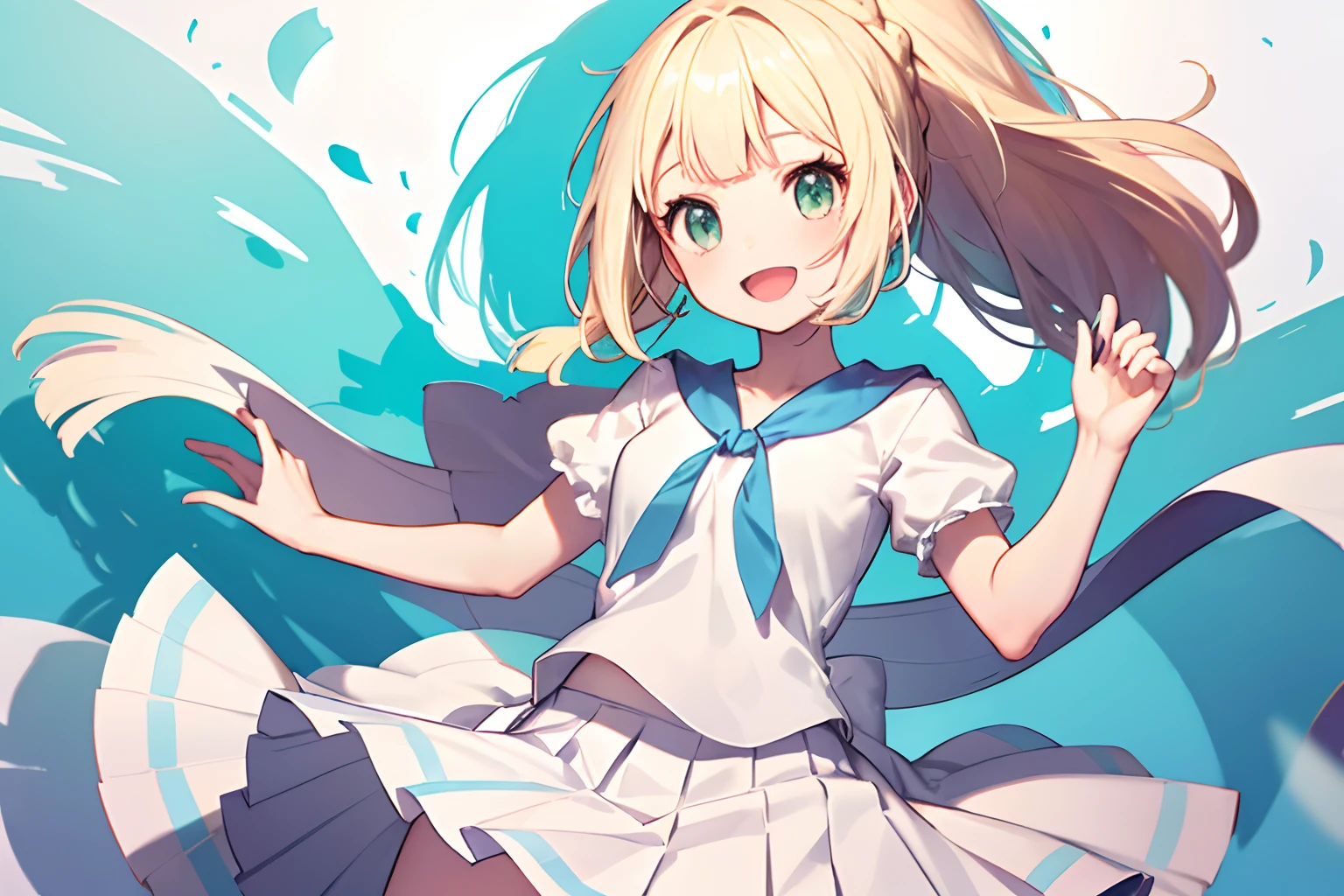 Alily, Long hair, Ponytail, french braids, White shirt, Short sleeves, White skirt, Pleated skirt,Smile with open mouth,Top image quality,masutepiece,Best Quality