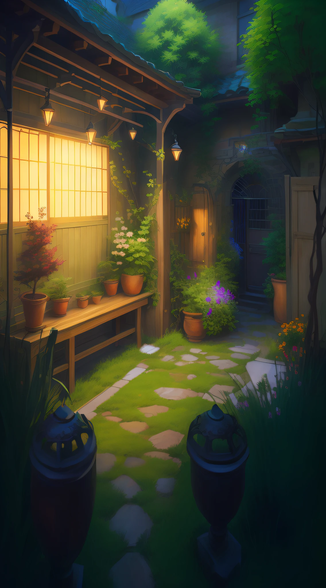There is a small courtyard with benches and tables., anime background art, anime scenery concept art, background art, anime background, Relaxing concept art, anime scenery, beautiful anime scene, beautiful anime scenery, anime beautiful peace scene, Quiet atmosphere, Relaxing environment, Quiet evening atmosphere, Highly detailed scenes, background artwork, Painted in anime painter studio, Realistic gardens