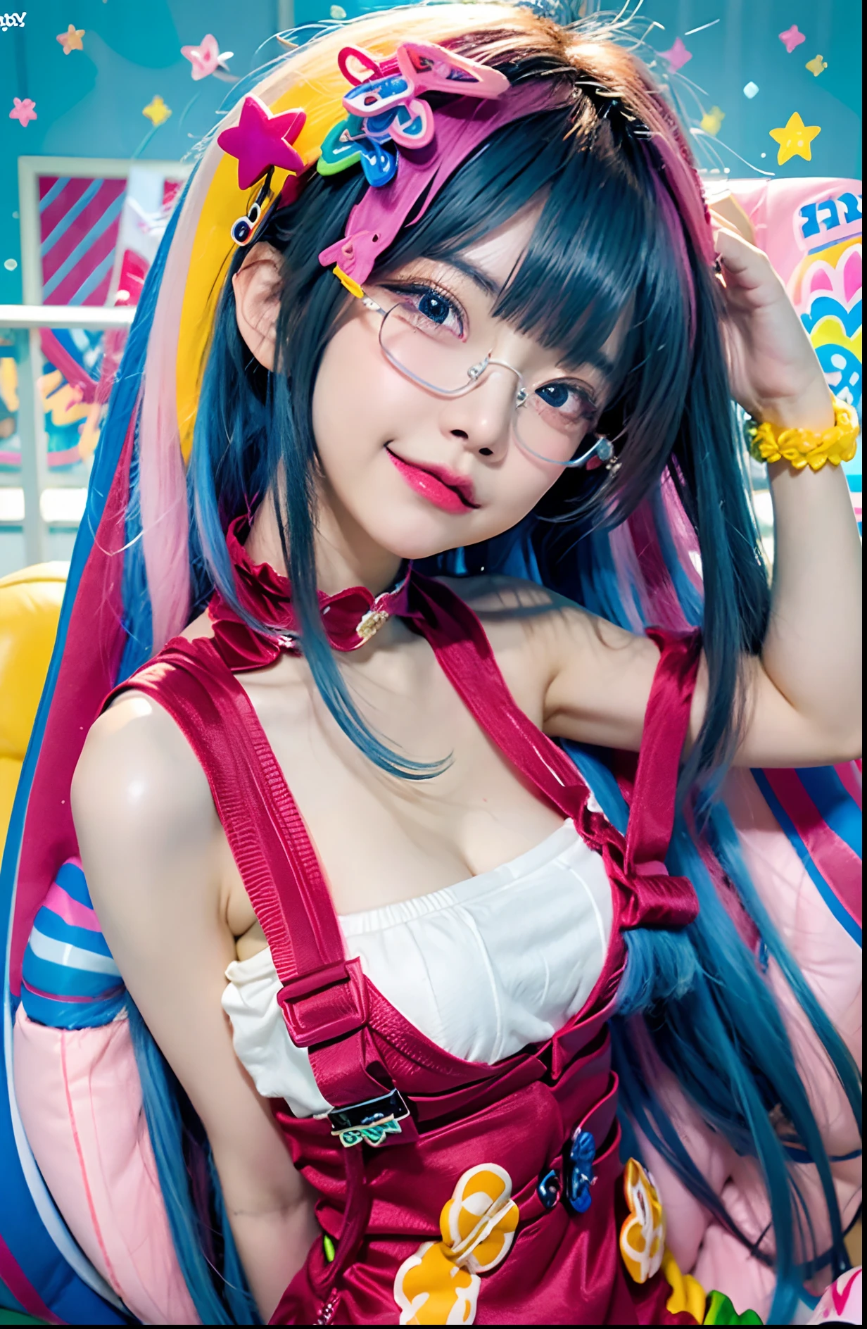 Cartoon girl with long hair and glasses, decora inspired illustrations, anime vibes, ahegao, decora inspired, full color manga visual style, Anime style illustration, y 2 k cutecore clowncore, in a lisa frank art style, hyper colorful, ahegao face, comic artstyle, clean and meticulous anime art, anime style hyper detailed