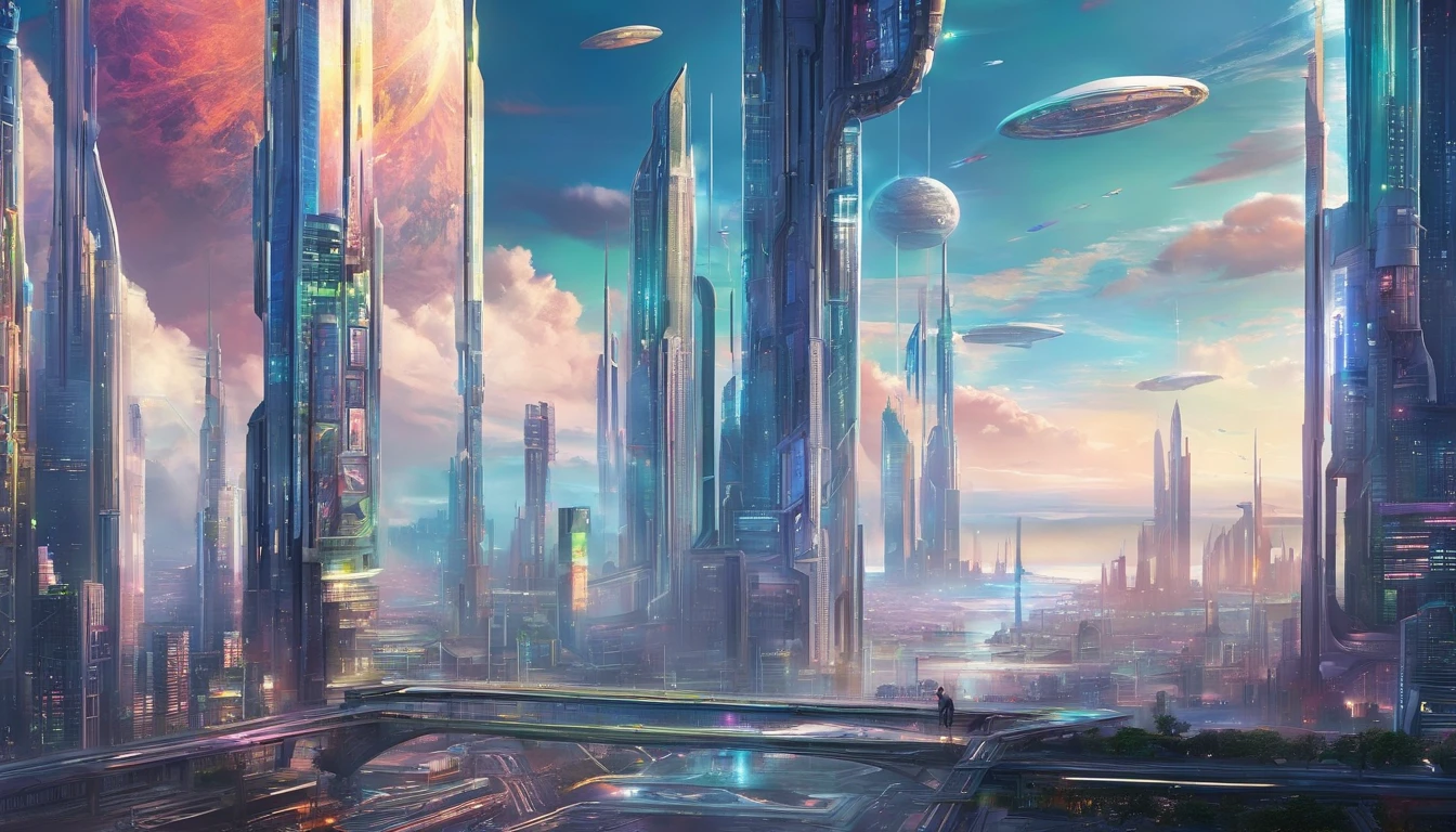 cyber punk perssonage、Cidade futuristica、planet earth、Skyscrapers piercing clouds cyberpunk.SFart by、Utopian city、megacity、Dream、top-quality、tmasterpiece、Beautiful futuristic city
