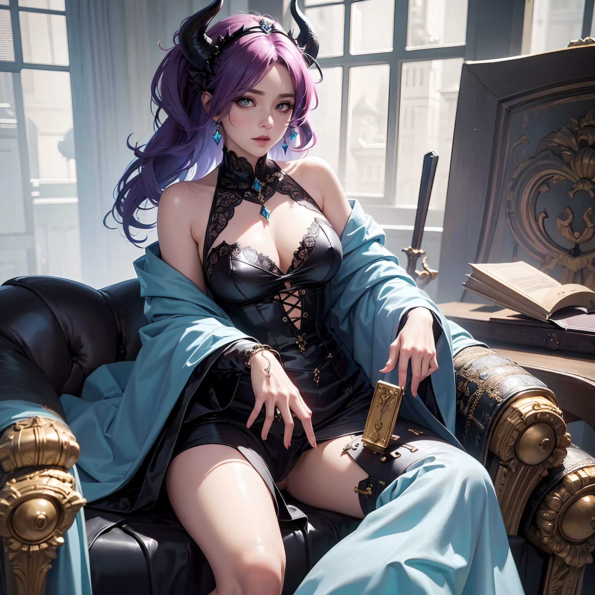 A closeup of a woman sitting on a throne with a demon on her shoulder, Succubus bonito | | | | |, succubus | medieval, Beautiful elegant demon queen, Rainha do Submundo, arte de estilo fantasia escura, succubus, Lilith, Epic fantasy art style, estilo de arte de fantasia, anime demon, Rainha do Inferno, anime fantasy illustration, arte de fantasia de anime, cabelo roxo, vestido branco e preto