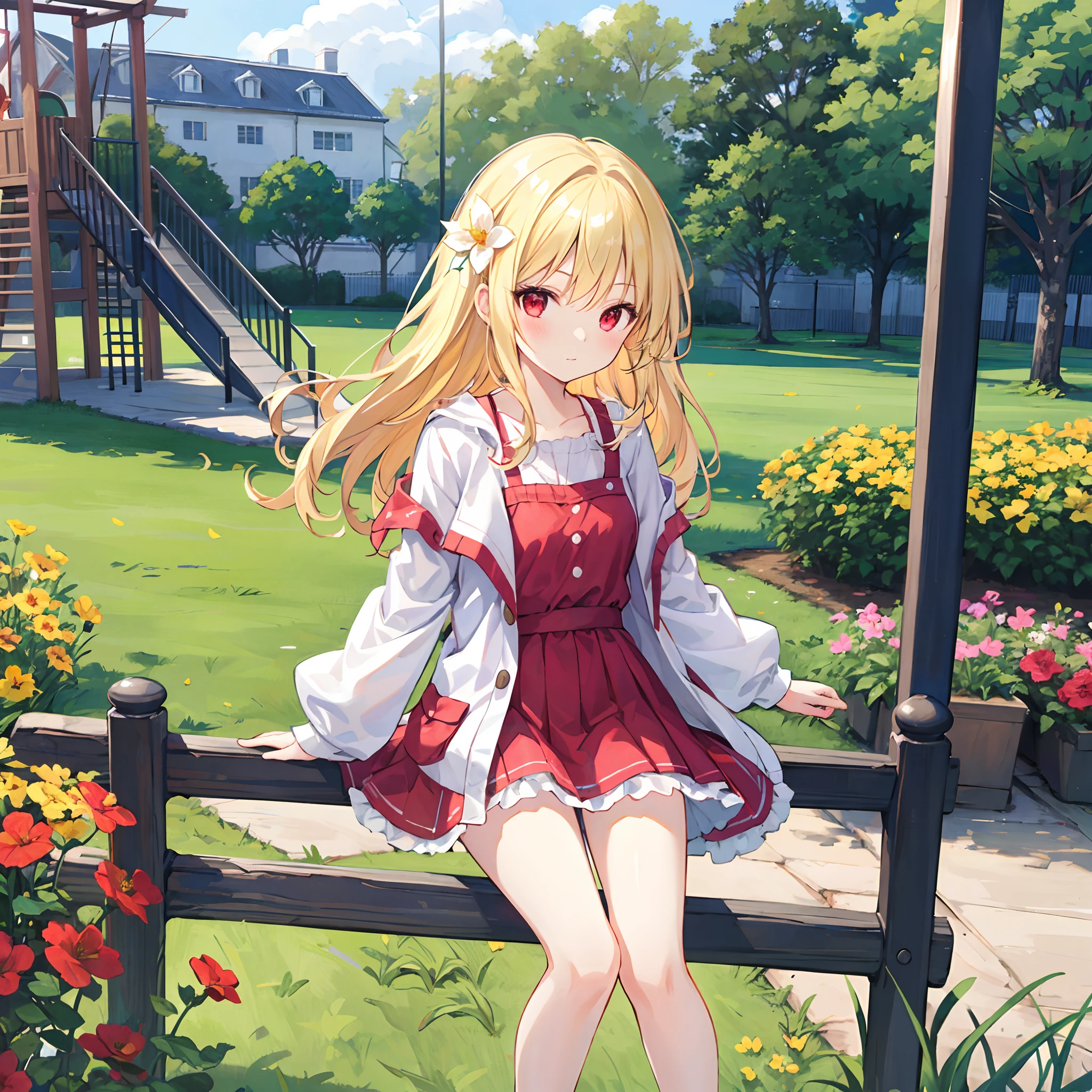 One girl with blonde hair and red eyes、Fluffy clothes、Sunlight、flower field、Play on playground equipment in the park