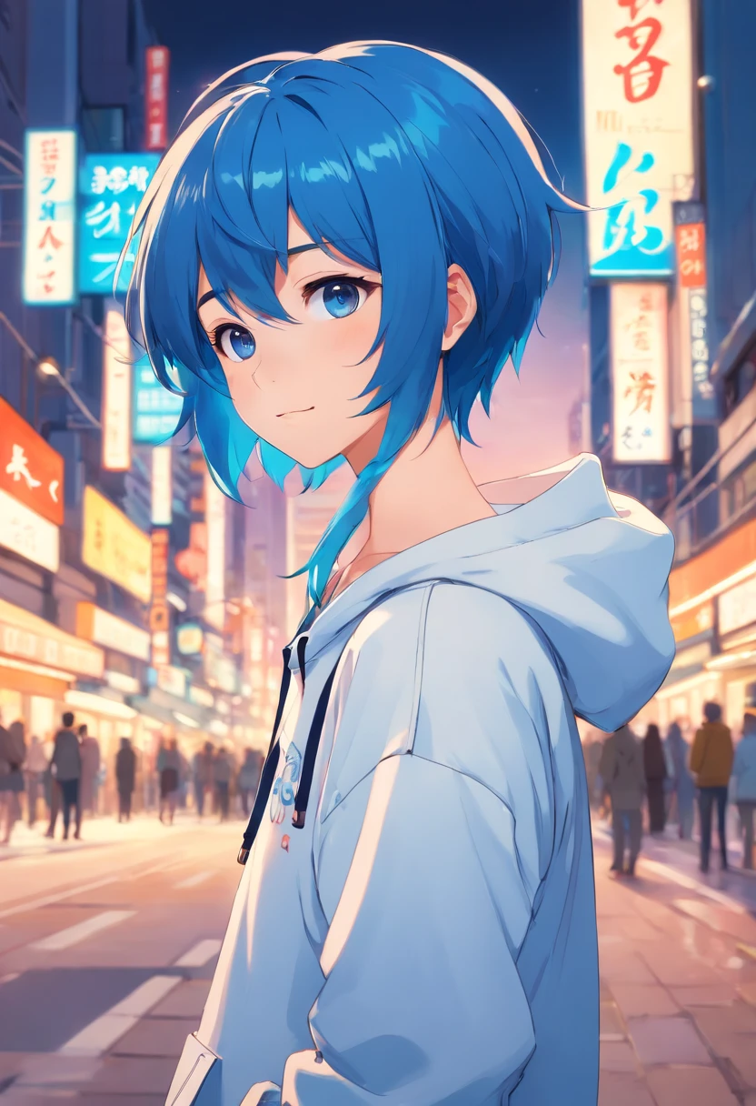 1 youth,Anime Boy, Blue hair,short-cut,White hoodie, Art style of the 1990s, Puppy eyes, Pose to look straight at the viewer, little smiling, Stand up straight, full bodyesbian