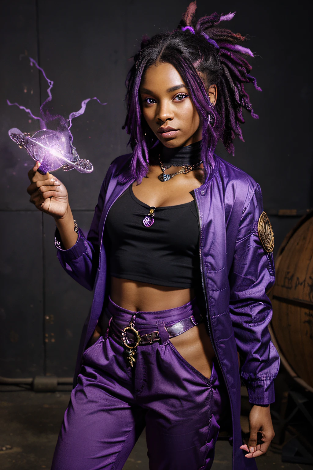 black woman, fantasy clothes, purple pants,fairy wings,greek god, wizards wand in one hand, Ballistic Hand Blasts in on hand, purple hair, dreads, purple shirt,blue jacket, red eyes, chakra stone neclackes