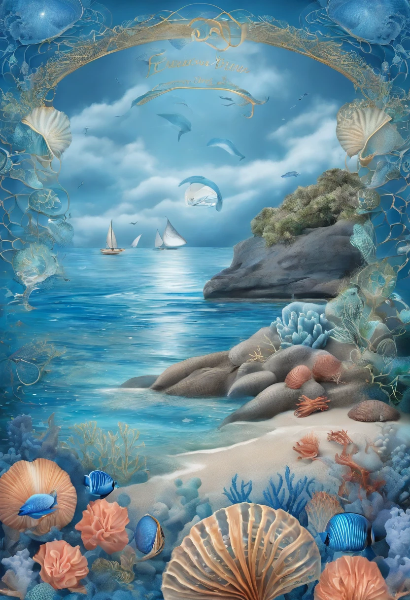 There is the text "Guardian Blue Pulsation",The theme is "Focusing on Ocean Health.",Protecting the Blue Planet",The pattern is circular,The base color is blue,There are whales,The corals,swell sea,Sea flowers,sea shell,Marine elements such as conch,Simple style,With a design style,The color perception is bright,stickfigure,Pencil color lead touch