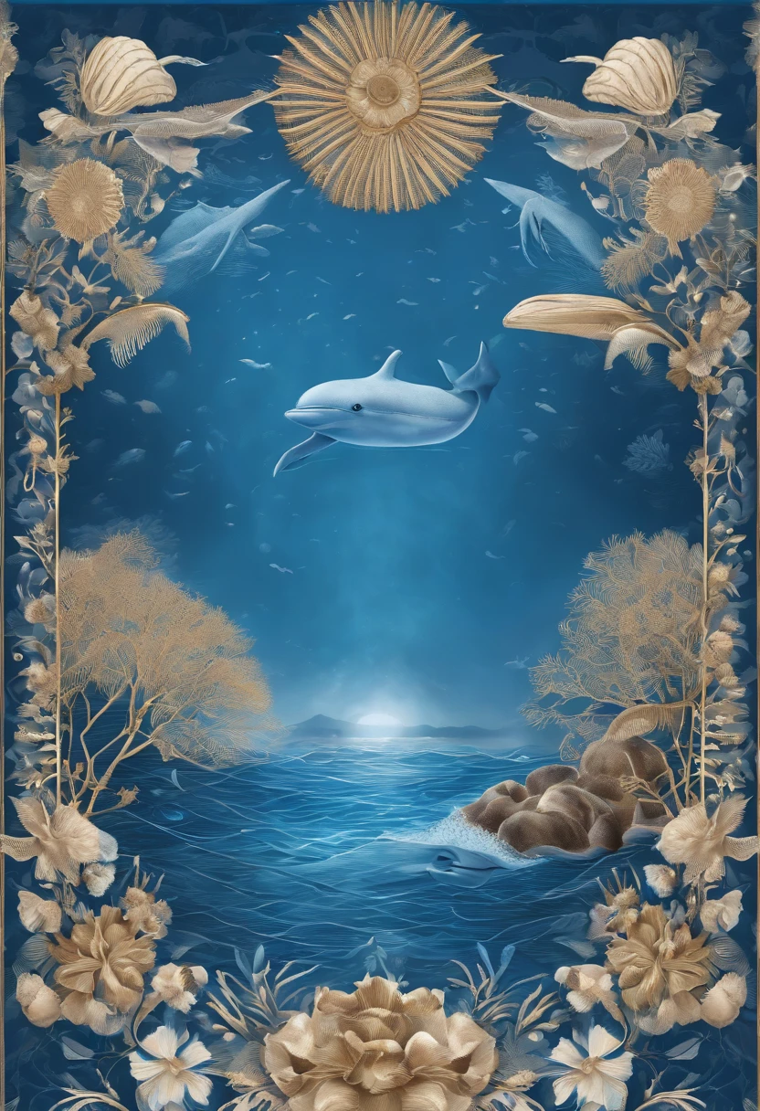 There is the text "Guardian Blue Pulsation",The theme is "Focusing on Ocean Health.",Protecting the Blue Planet",The pattern is circular,The base color is blue,There are whales,The corals,swell sea,Sea flowers,sea shell,Marine elements such as conch,Simple style,With a design style,The color perception is bright,stickfigure,Pencil color lead touch
