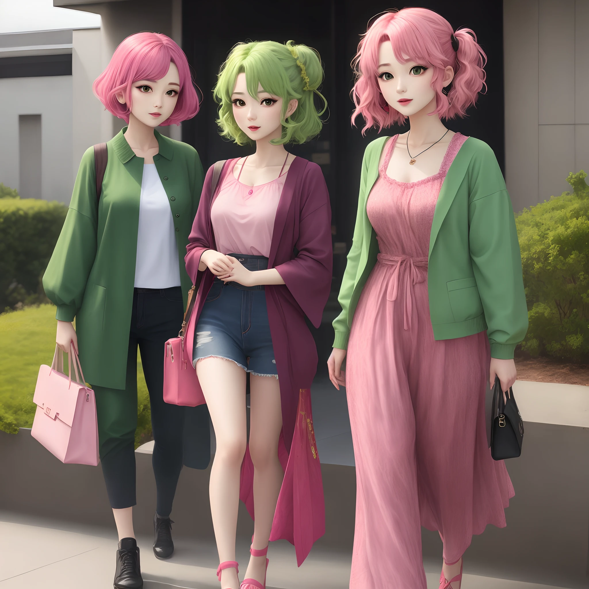 Mitsuri Kanroji green and pink hair in modern clothes