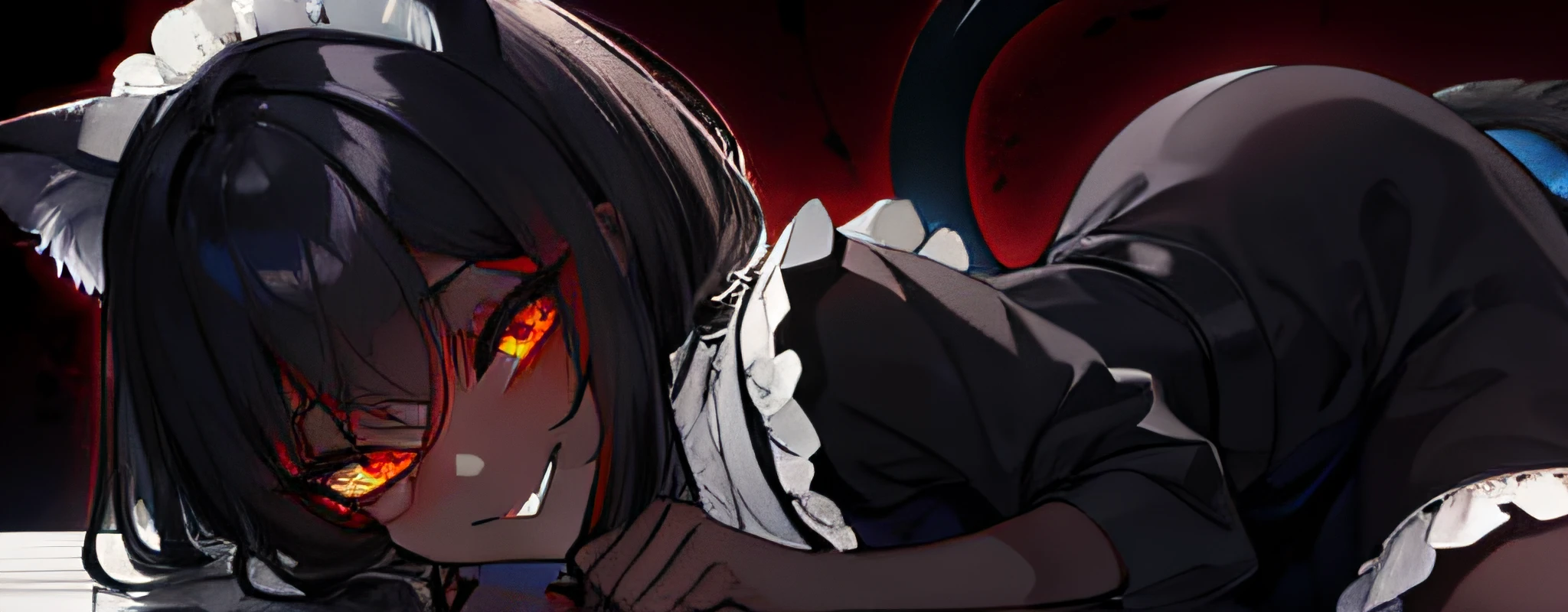 black-skinned,One eye is covered by bangs,Cat ears,Luxurious maid outfit,Devilish charm,Sinister smile,Terrifying atmosphere,Black whites of the eyes