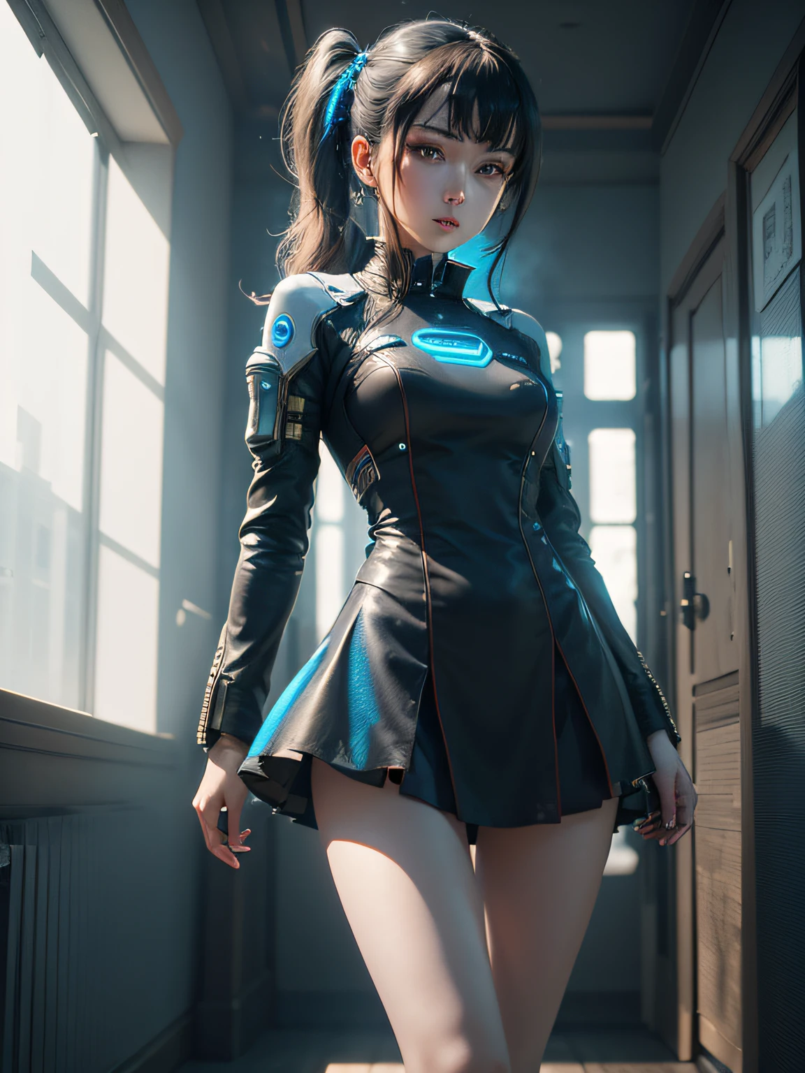 ((top-quality)), ((masterpiece)), (detaileds:1.4), 。.。.。.。Blue LED is on、Blue eyes、.。.。.。.3D, Blue Eyes Slender、Short skirt with blue LED、Twintail hairstyle,Beautiful Cyberpunk Woman Image,nffsw(HighDynamicRange),Ray traching,NVIDIA RTX,Hyper-Resolution,Unreal 5,Sub-surface scattering,PBR Texturing,Postprocess,Anisotropy Filtering,depth of fields,Maximum clarity and sharpness,multi-layer texture,Albedo and specular maps,Surface Shading,Accurate simulation of light-material interactions,perfectly proportions,Octane Rendering,Two-tone lighting,Wide aperture,Low ISO、White Balance、thirds rule、8K Raw、Night Pool、