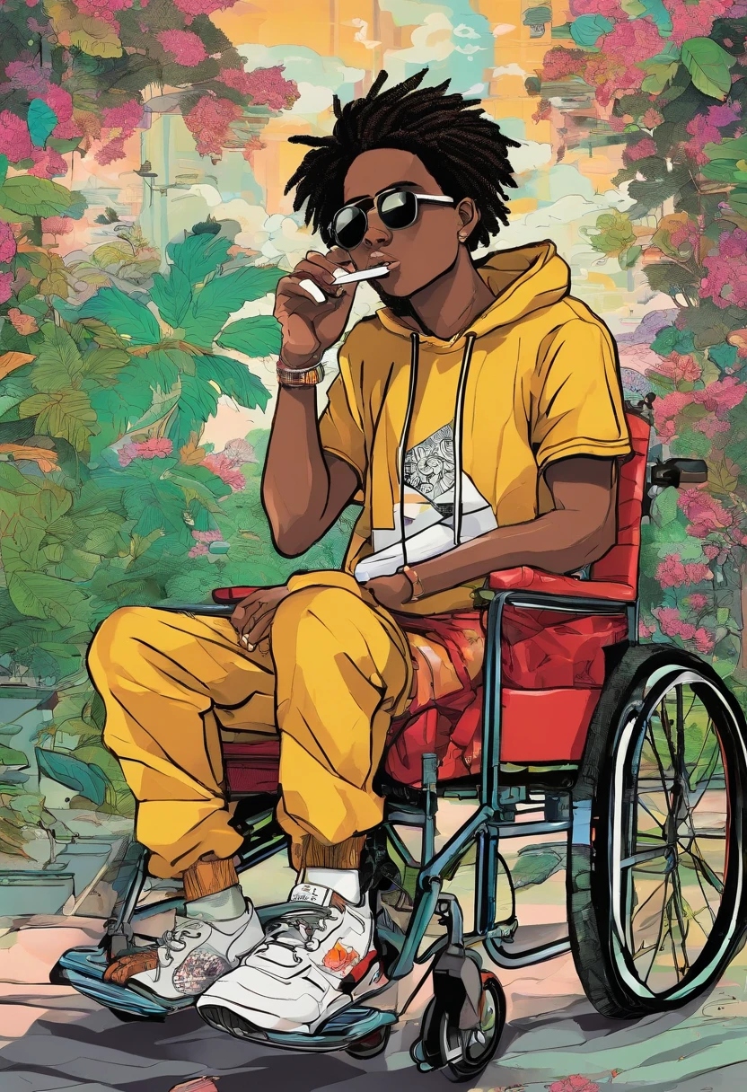 (hip hop scene) Jamaican boy in wheelchair smoking joints