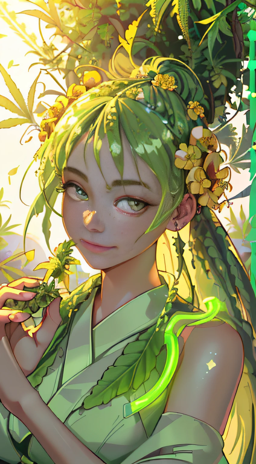 (Super Detail CG Unity 8k Wallpapers:1.5),<(masterpiece:1.5), (Top image quality:1.7), high-resolution illustrations, (Eye of detail and face of detail:1.3), (detaile:1.3, top-quality, (ultra-detailliert), (extremely delicate and beautiful), (illustratio), (Painterly),(masterpiece:1.5),ciinematic light,dynamic ungle,floating,foco nítido,(2D:1.7), (Top image quality:1.3),(illustratio:1.1),((dishevled hair:1.2),(beautiful finely detailed eyes:1.1),(Movie Light:1.1)、(marijuana goddess:1.2)、(cannabis goddess:1.2)、(ganja goddess:1.2)、(weed goddess:1.2)、(hemp goddess:1.2)、(Marijuana leaf piercings:1.2)、(Beautiful japanese girl)、Sexy in traditional Japan kimono、Curvy body type、voluptuous figure、Curvy body type、fat figure、large full breasts、large boob、((full_Body_Portrait))、(Japan Art and Culture)、Marijuana Indonesia Park background cannabis dried flowers Delicately drawn large bulging glowing flower spikes,A smile surrounded by upscale marijuana that highlights the beauty and uniqueness of the plant((of the highest quality, 8K, masutepiece: 1.3)), Beautiful woman, 1 woman, Big: 1.3, Slender figure: 1.1, Toned abs, dark brown hair, Wet body, hyperdetailed face, Detailed lips, Detailed eyes, Double eyelids,Blonde Mesh、Wanren、((Full-length photo)), ((Cannabis leaves)), (((Umbilical piercing of hemp flowers and leaves))), Eye shadow makeup, Sunny days!, Makeup for sunny days, 8 K, ((slight shine along the contour,)), ((Backglow along the contour)), ((neon light))