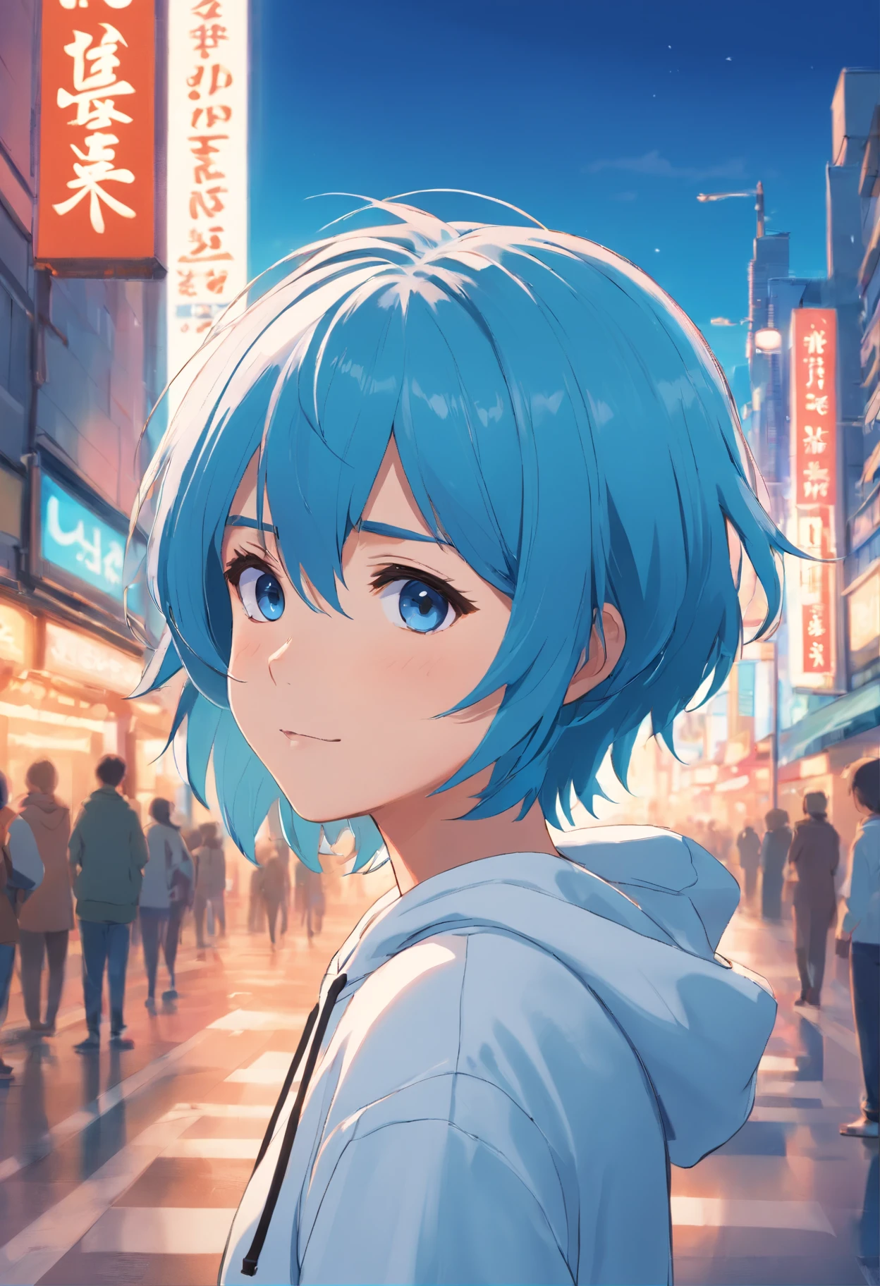 1 youth,Anime Boy, Blue hair,short-cut,White hoodie, Art style of the 1990s, Puppy eyes, Pose to look straight at the viewer, little smiling, Stand up straight, full bodyesbian