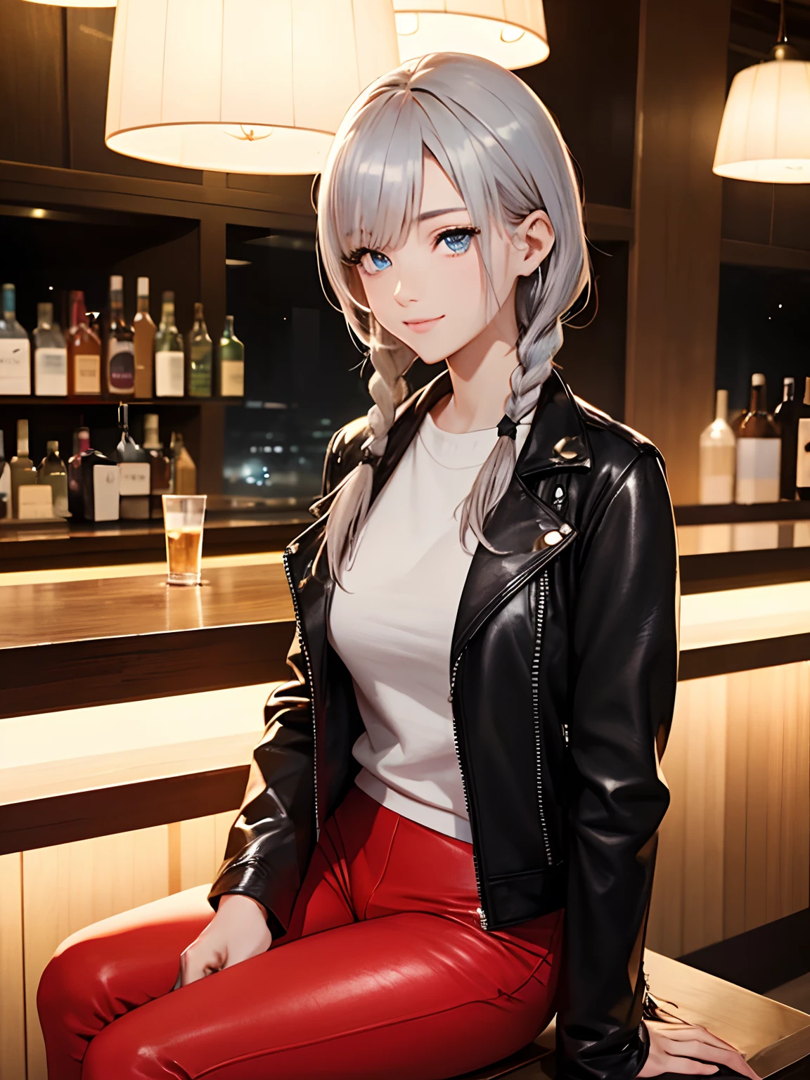 (Ultra-realistic, highres, best quality, 4k, professional, cowboy shot, short Twin-Braids hair, beauty sky, in the night), an illustration in Full HD that showcases a 21-year-old girl's cool style, blue silver eyes, beauty eyes, sharp eyes. Her short Twin-Braids hair, silver hair, short hair, and one eye covered by left-facing bangs, Smile, She's dressed fashioned black leather jacket, short red pants, sitting, bar, exuding confidence and individuality