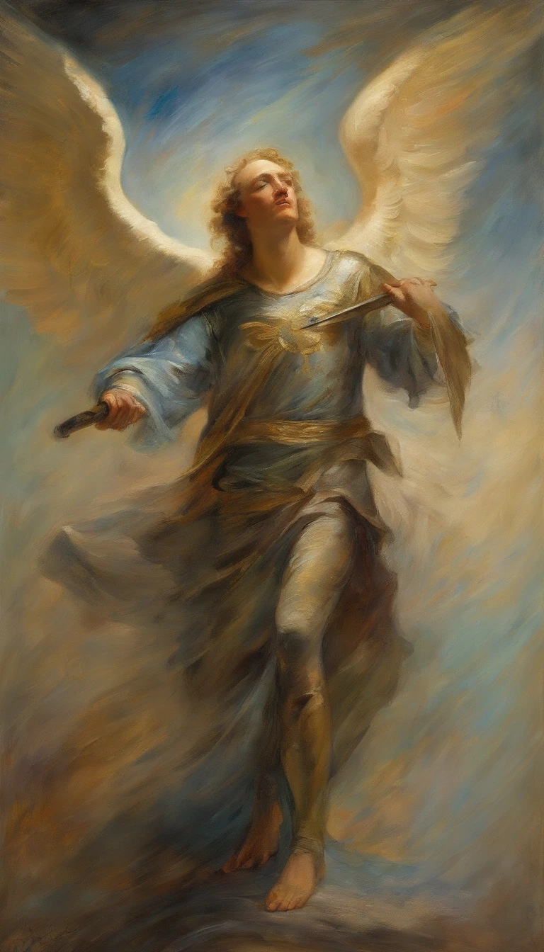 painting of the archangel Michael holding a sword, William Blake style art