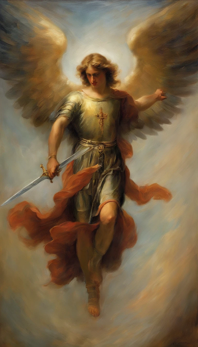 painting of the archangel Michael holding a sword, William Blake style art