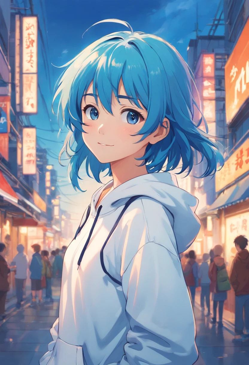 1 ,Anime Boy, Blue hair,short-cut,White hoodie, Art style of the 1990s, Puppy eyes, Pose to look straight at the viewer, little smiling, Stand up straight, full bodyesbian, Standing picture on the front,