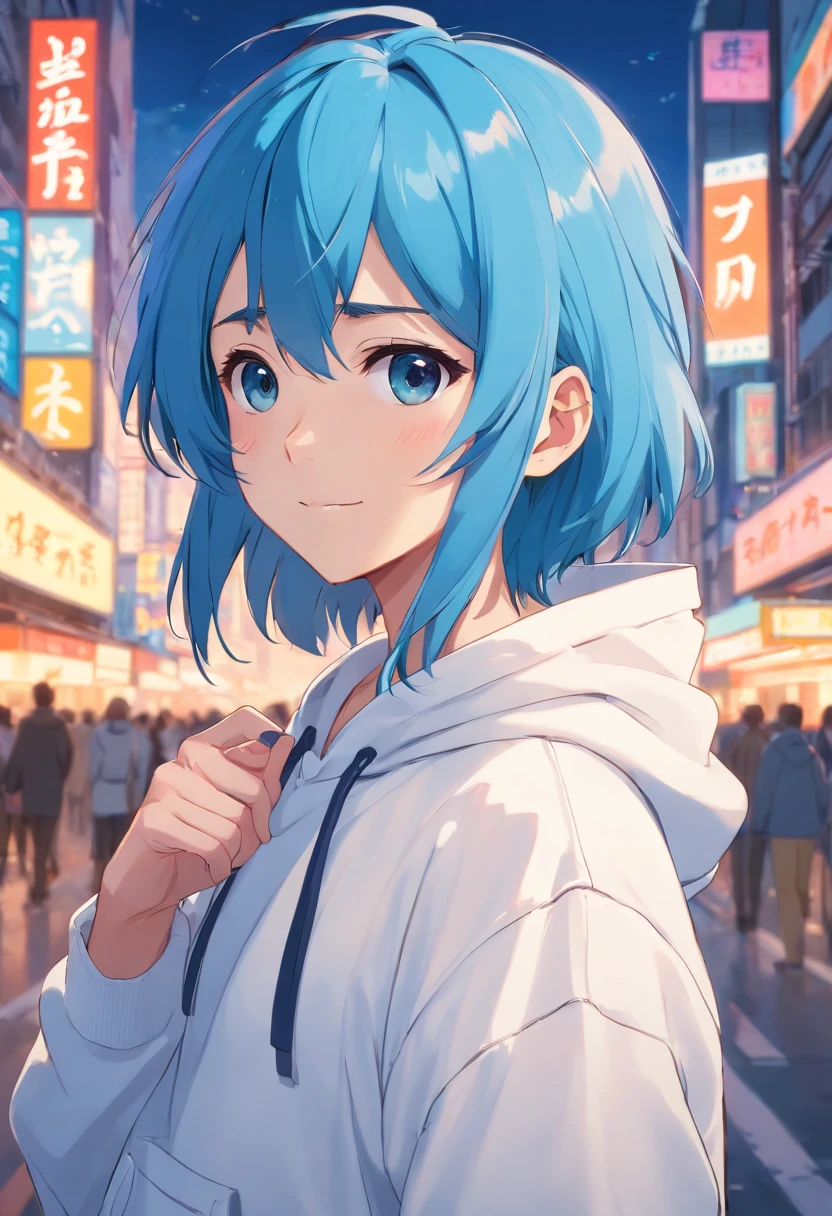 1 Youth,Anime Boy, Blue hair,short-cut,White hoodie, Art style of the 1990s, Puppy eyes, Pose to look straight at the viewer, little smiling, Stand up straight, full bodyesbian, Standing picture on the front,