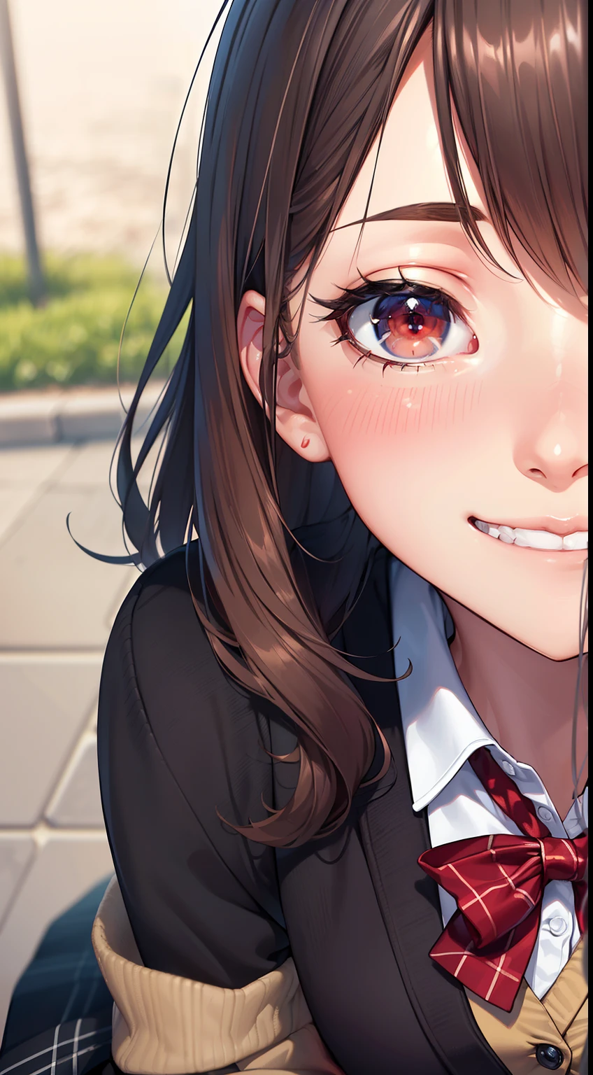 ((masterpiece, best quality, highres, UHD, perfect pixel, depth of field, 4k, RTX, HDR))), 1girl, single, solo, beautiful anime girl, beautiful artstyle, anime character, ((long hair, bangs, brown hair, curly hair:0.8)), ((red eyes:1.4, rounded eyes, beautiful eyelashes, realistic eyes)), ((detailed face, blushing:1.2)), ((smooth texture:0.75, realistic texture:0.65, photorealistic:1.1, anime CG style)), medium breasts, dynamic angle, perfect body, ((portrait, pov)), ((red bowtie, school uniform, black jacket, open jacket, brown cardigan, white shirt, black skirt, plaid skirt)), smile beam, amusement park,grin,white teeth,finger to mouth