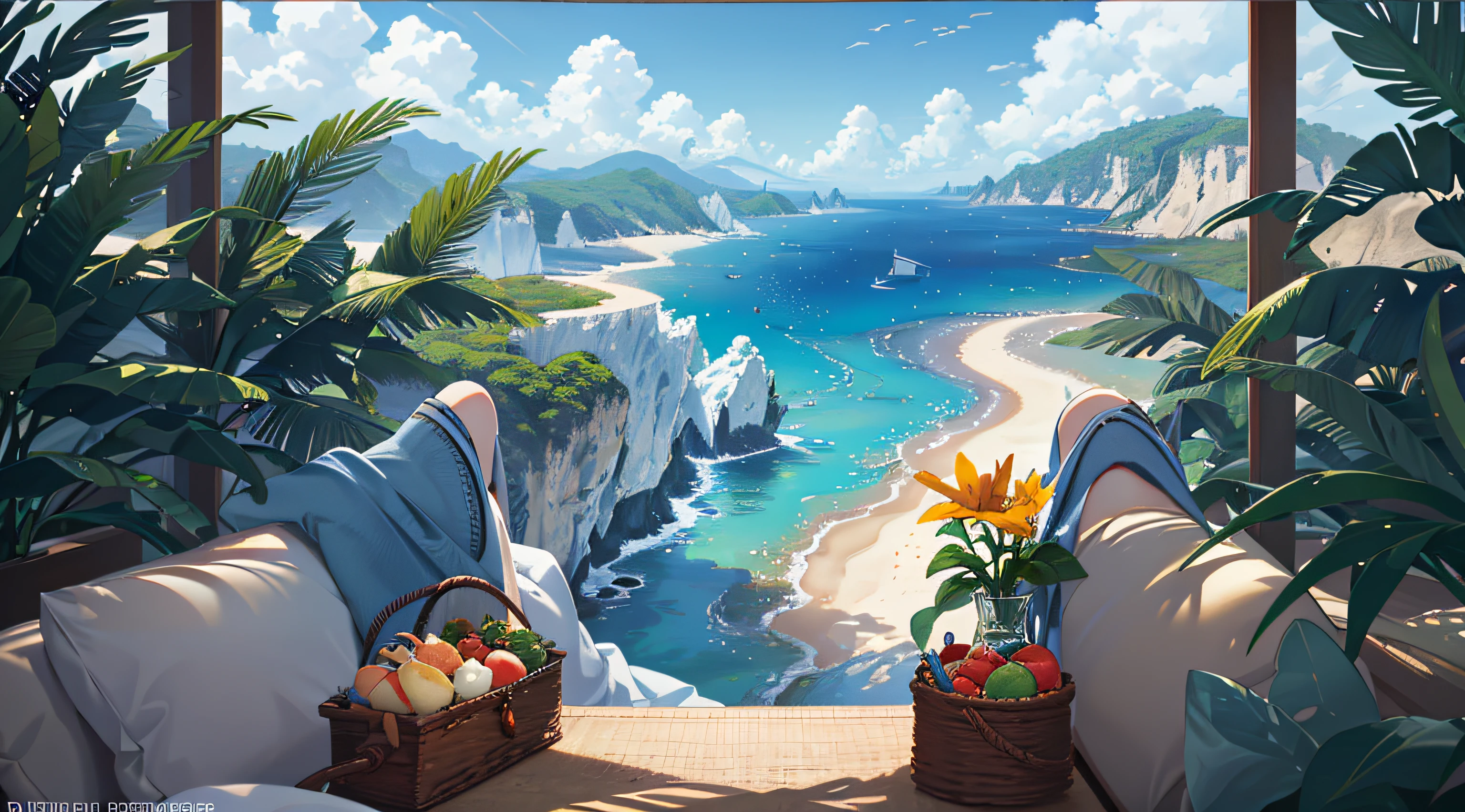 Using the right hand, macro photography depicts picnic scenes themed around a tropical beach holiday in summer, dazzling midday sun, fisheye lenses, distant views, (picnic scene: 0.5) (cute dessert: 0.4), dripping, daytime outdoor lights (beach 1.5), tropical plants, hot weather, HD detail, wet watermark, hyperdetail, cinematic, surrealism, soft light, deep field focus bokeh, ray tracing, diffuse (ultra-fine glass reflection), and surrealism.