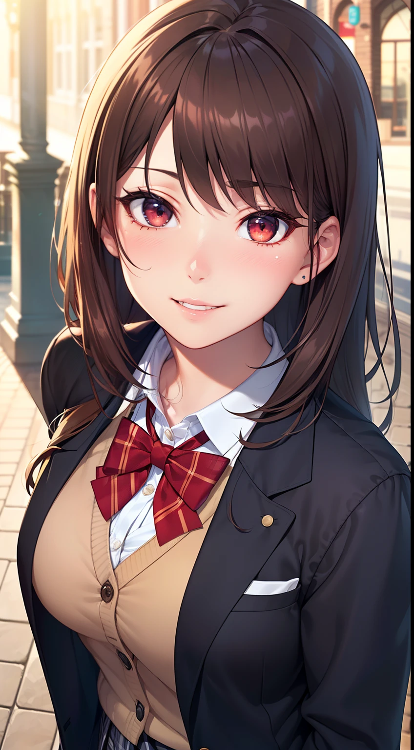 ((masterpiece, best quality, highres, UHD, perfect pixel, depth of field, 4k, RTX, HDR))), 1girl, single, solo, beautiful anime girl, beautiful artstyle, anime character, ((long hair, bangs, brown hair, curly hair:0.8)), ((red eyes:1.4, rounded eyes, beautiful eyelashes, realistic eyes)), ((detailed face, blushing:1.2)), ((smooth texture:0.75, realistic texture:0.65, photorealistic:1.1, anime CG style)), medium breasts, dynamic angle, perfect body, ((portrait, pov)), ((red bowtie, school uniform, black jacket, open jacket, brown cardigan, white shirt, black skirt, plaid skirt)), smile beam, amusement park,grin,white teeth,finger to mouth