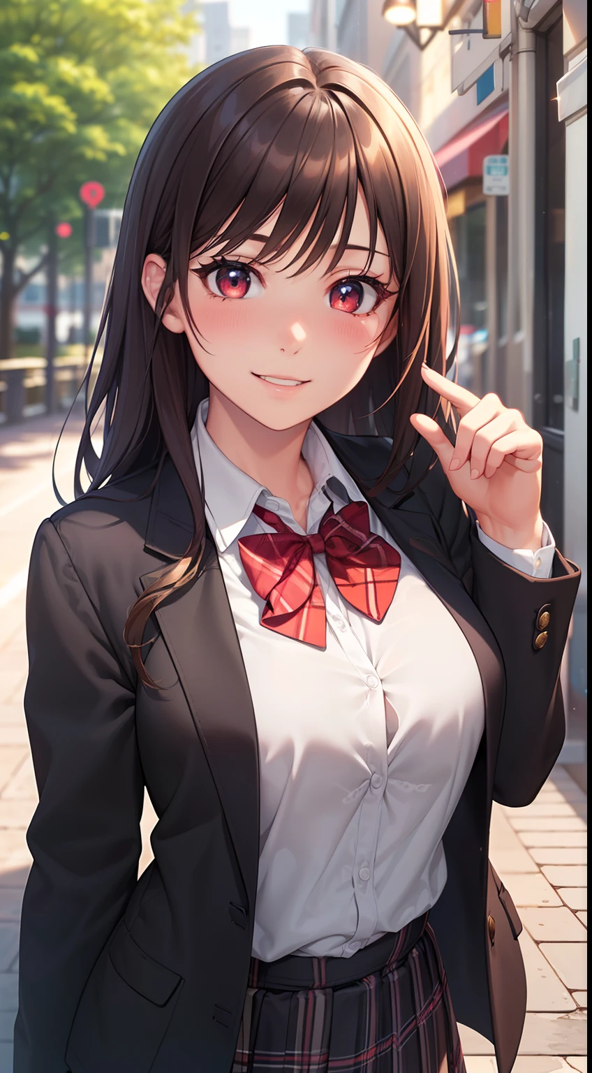 ((masterpiece, best quality, highres, UHD, perfect pixel, depth of field, 4k, RTX, HDR))), 1girl, single, solo, beautiful anime girl, beautiful artstyle, anime character, ((long hair, bangs, brown hair, curly hair:0.8)), ((red eyes:1.4, rounded eyes, beautiful eyelashes, realistic eyes)), ((detailed face, blushing:1.2)), ((smooth texture:0.75, realistic texture:0.65, photorealistic:1.1, anime CG style)), medium breasts, dynamic angle, perfect body, ((portrait, pov)), ((red bowtie, school uniform, black jacket, open jacket, brown cardigan, white shirt, black skirt, plaid skirt)), smile, amusement park,grin,white teeth,finger to mouth