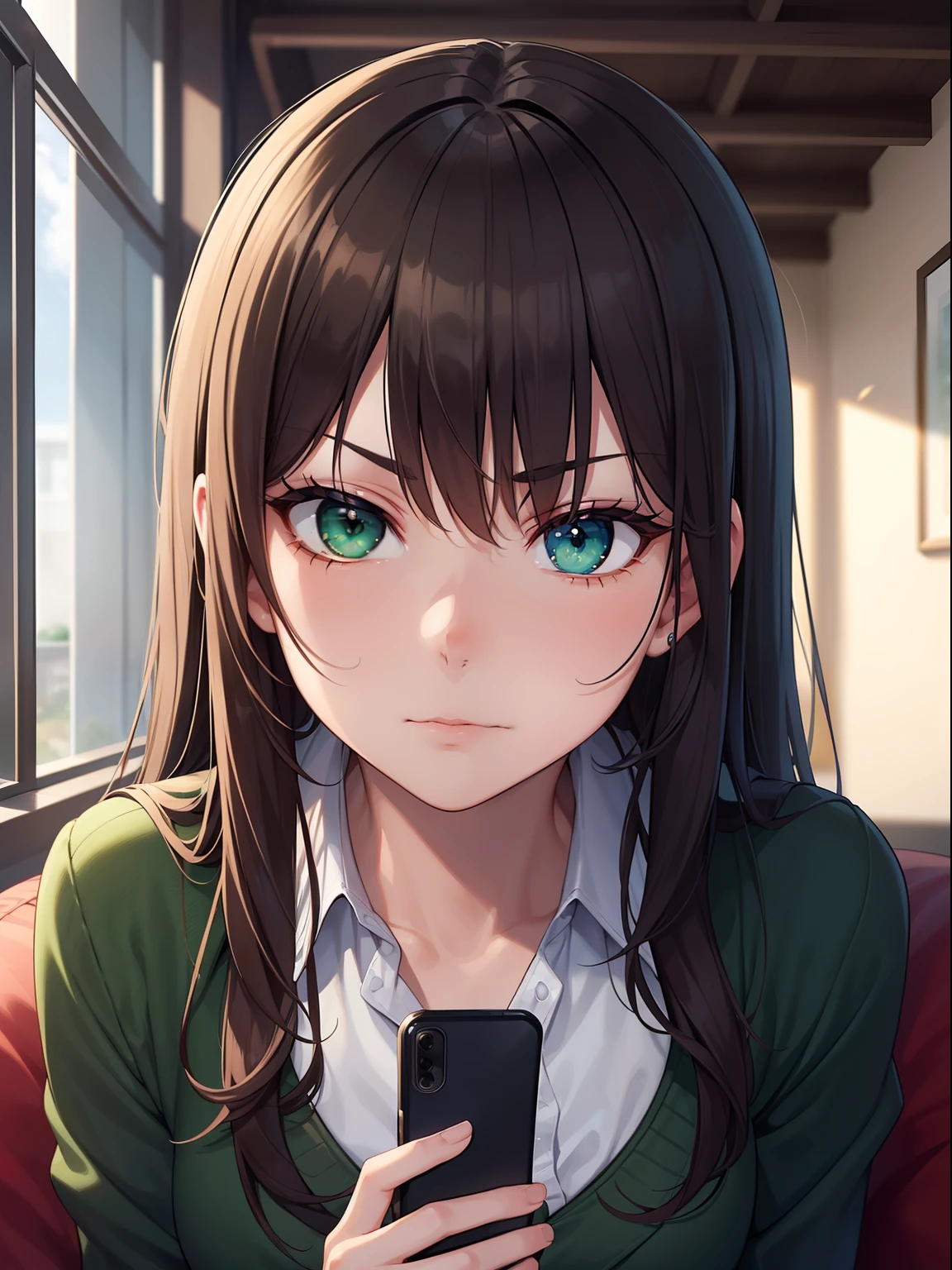 ((Masterpiece, Best quality, A high resolution, hyper HD, Perfect pixels, Depth of field, 4K, RTX, hdr))), 1girll, Single, Solo, Beautiful anime girl, Beautiful Art Style, anime figure, ((Long hair, bangs, Brown hair, Curly hair:0.8)), ((Green eyes:1.4, Rounded eyes, Beautiful eyelashes, Realistic eyes)), A girl sits on a bedroom couch and looks at the camera,A puzzled look appeared on his face:1.5),Girl holding cell phone,
(closeup of face:1.8)
(Exquisite makeup,high school school uniforms)
(A very angry expression appeared on his face,looks into camera,The mouth opens wide,His face flushed)
(A masterpiece、tmasterpiece:1.5)