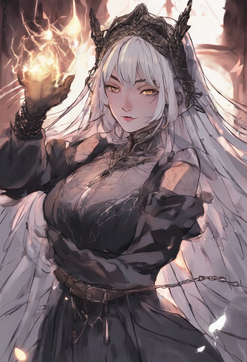 Villain, 200-year-old witch, Long Black Hair, The magic of her hands shining