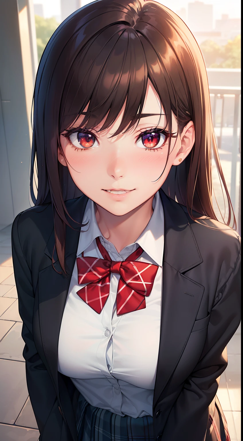((masterpiece, best quality, highres, UHD, perfect pixel, depth of field, 4k, RTX, HDR))), 1girl, single, solo, beautiful anime girl, beautiful artstyle, anime character, ((long hair, bangs, brown hair, curly hair:0.8)), ((red eyes:1.4, rounded eyes, beautiful eyelashes, realistic eyes)), ((detailed face, blushing:1.2)), ((smooth texture:0.75, realistic texture:0.65, photorealistic:1.1, anime CG style)), medium breasts, dynamic angle, perfect body, ((portrait, pov)), ((red bowtie, school uniform, black jacket, open jacket, brown cardigan, white shirt, black skirt, plaid skirt)), smile, amusement park,grin,white teeth,finger to mouth
