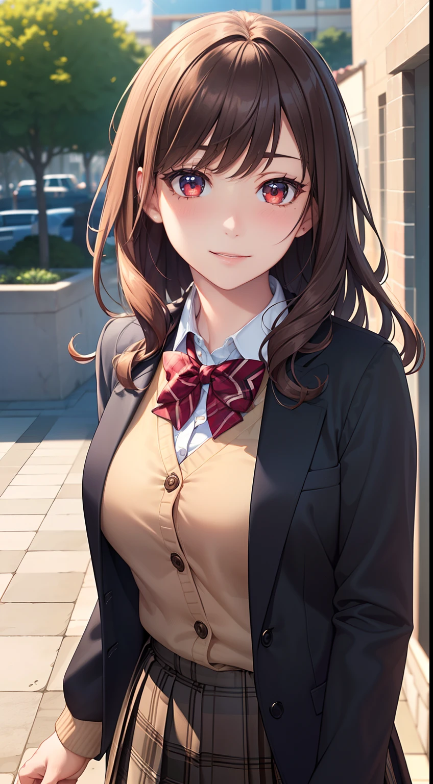 ((masterpiece, best quality, highres, UHD, perfect pixel, depth of field, 4k, RTX, HDR))), 1girl, single, solo, beautiful anime girl, beautiful artstyle, anime character, ((long hair, bangs, brown hair, curly hair:0.8)), ((red eyes:1.4, rounded eyes, beautiful eyelashes, realistic eyes)), ((detailed face, blushing:1.2)), ((smooth texture:0.75, realistic texture:0.65, photorealistic:1.1, anime CG style)), medium breasts, dynamic angle, perfect body, ((portrait, pov)), ((red bowtie, school uniform, black jacket, open jacket, brown cardigan, white shirt, black skirt, plaid skirt)), smile, amusement park,grin,white teeth,finger to mouth