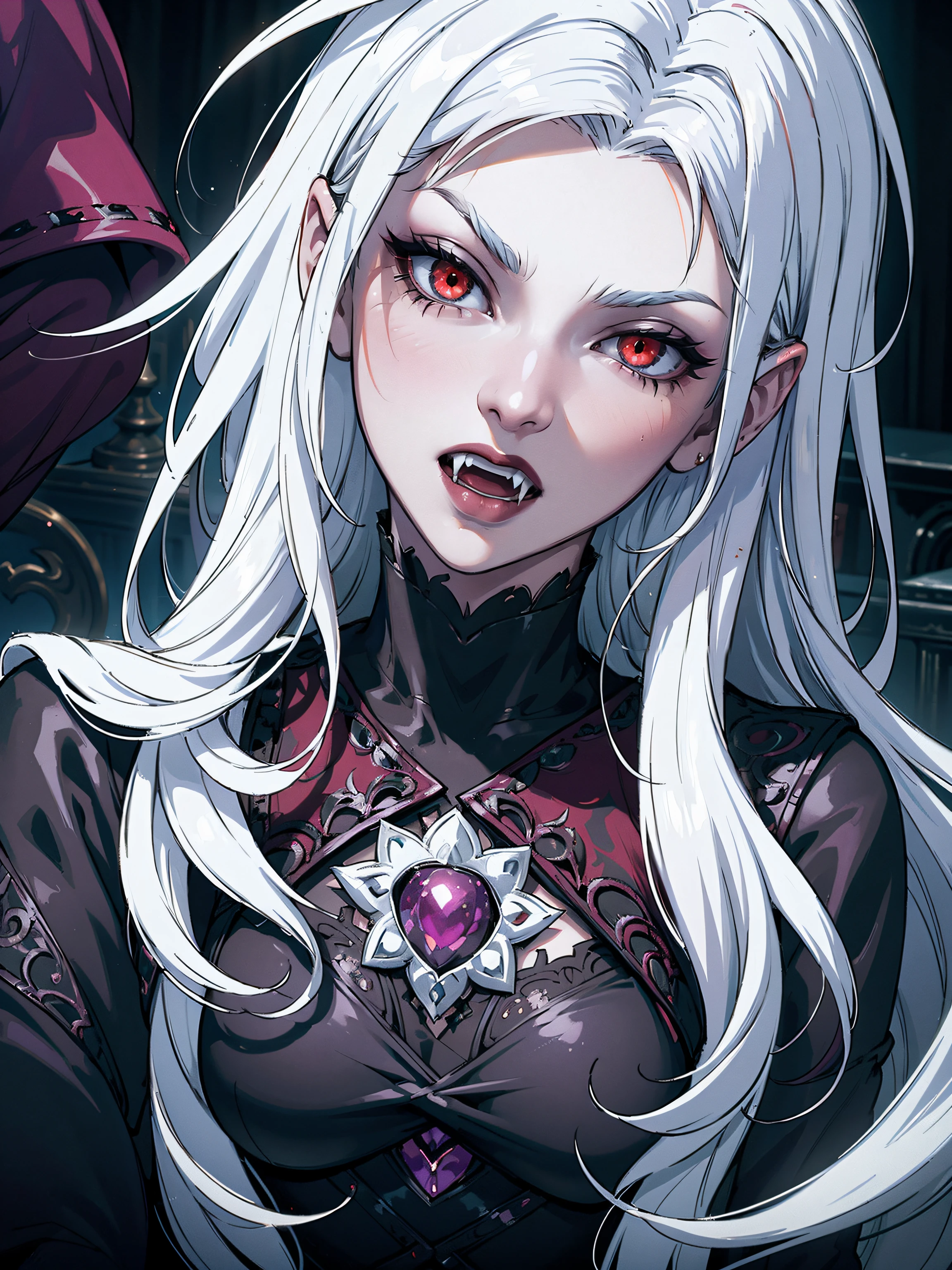 High vampire female, goth Renaissance, white hair, intricate, white glowing eyes, fantastical, vampire, fangs, hyper detailed, 32k resolution, volumetric lighting, hyper detailed, intricately detailed, Unreal Engine 5, volumetric lighting