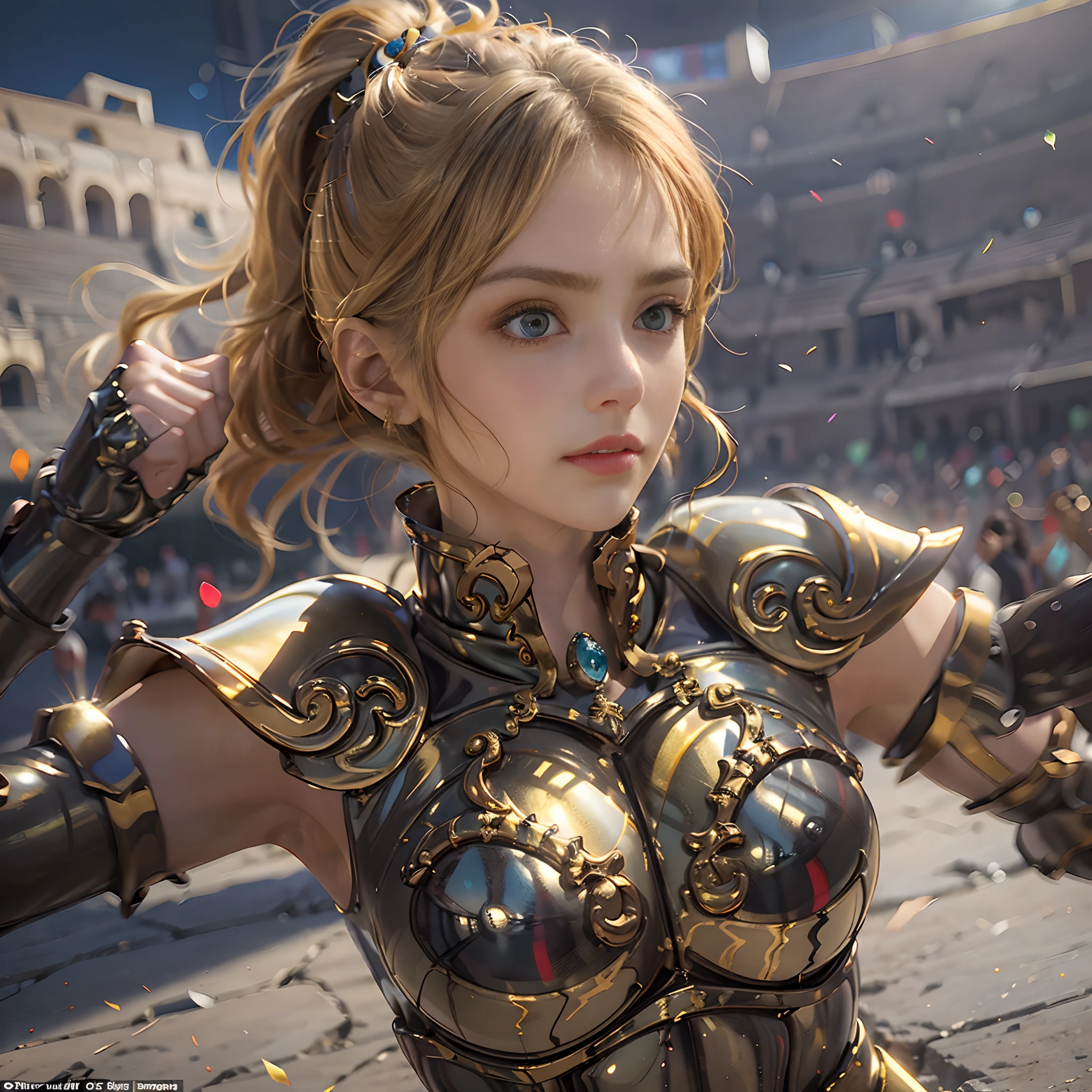 **render**: Boxing Girls, Rendered in highly detailed 4K, Get caught up in intense moments at the Greek Colosseum. When she shakes her fist, The luster of her skin and her detailed features stand out. The background is vivid with strong sunlight, Showcase a Colosseum packed with spectators. ultra-detailliert,(golden armour:1.2),Leo Armor,