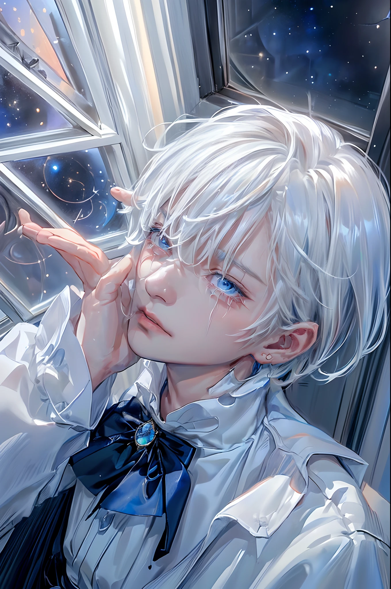 ((4K works))、​masterpiece、(top-quality)、One beautiful boy、Slim body、tall、((Black Y-shirt and white pants、Charming British knight style))、Please wear one jacket、(Detailed beautiful eyes)、Fantastic Night、((You can see the starry sky from the window))、Fantastic room at midnight、((Face similar to Carly Rae Jepsen))、((Short-haired white hair))、((Smaller face))、((Neutral face))、((Bright blue eyes))、((American adult male))、((Adult male 26 years old))、((Cool Men))、((Like a celebrity))、((Crying expression))、((sad look))、((Korean Makeup))、((elongated and sharp eyes))、((Happy dating))、((boyish))、((Upper body photography))、Professional Photos、((Shot alone))、((She is looking up at the sky under the roof))、((Shot from the side))、((Crying profile))、((Face crying in pain))、((His eyes are looking down))、((He stands in the corner of the room))、((He who cries))、I'm crying on a stick.、Man crying while standing、Solitude、saddened、desolate、suffocating、heartbreaking、auw、agony、Tears dripping on the cheeks