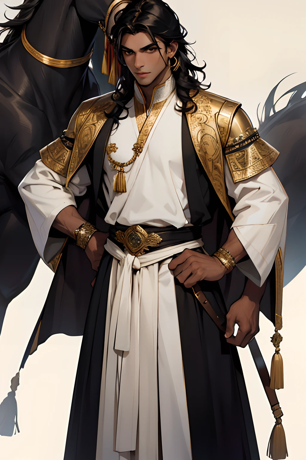 one black hair dark skin arab man, arabian clothes, royalty, warrior outfit, young man