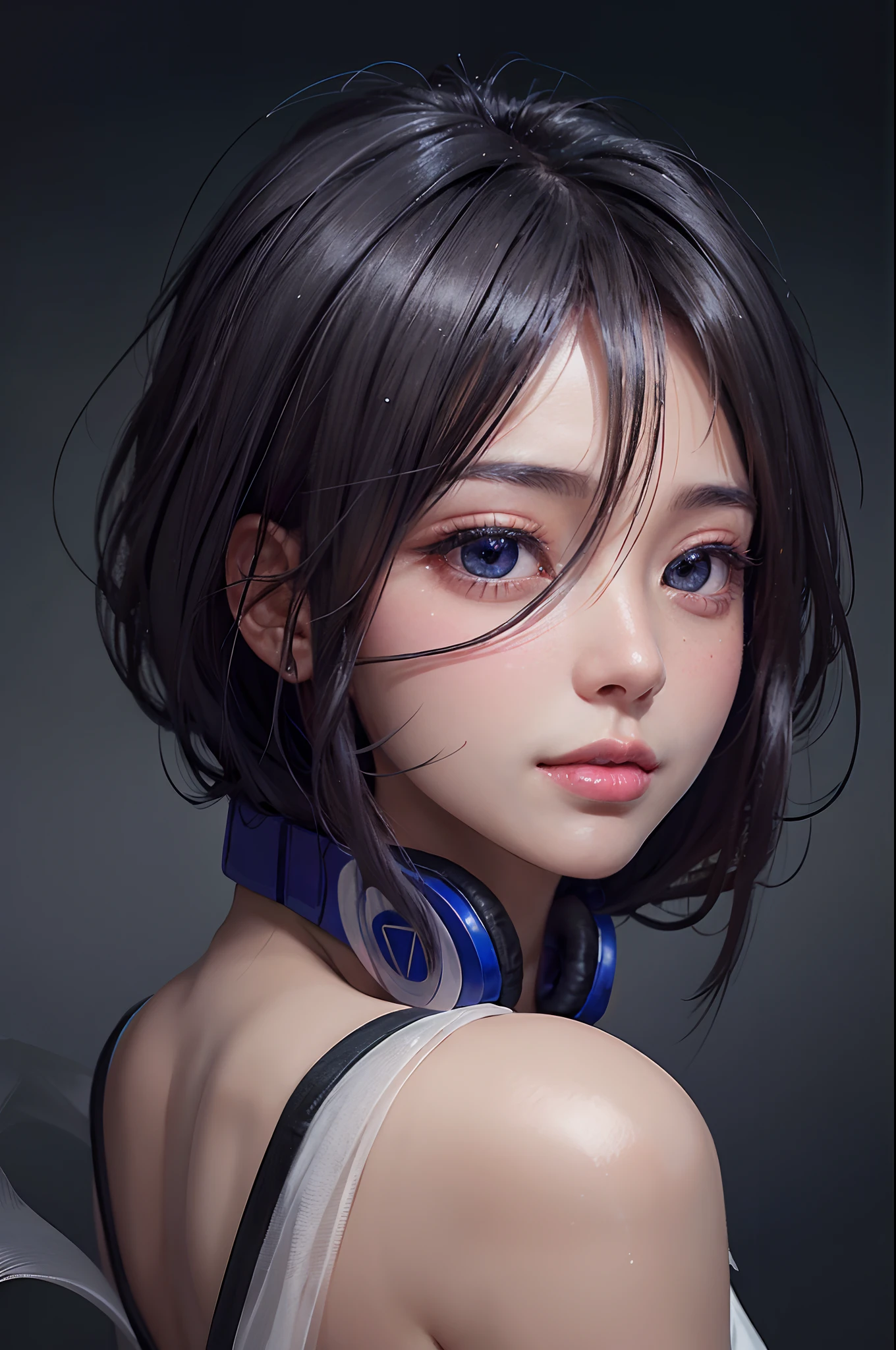 a 20 yo woman、Black blue Hair、Bery short hair、Big smile、(hi-top fade:1.3)、dark themed、Muted Tones、Subdued Color、highly contrast、(natural skin textures、Hyper-Realism、Soft light、sharp), cosplay of Miku nakano, Miku nakano character, hairstyle of Miku nakano, Ultra high res.photorealistic:.1.4, UHD, wearing a headphone in neck, Ultra high res.photorealistic:.1.4, UHD, , ultra-detailed eyelashes, Ultra-detailed lips, precisely drawn lip wrinkles, beautiful shiny lips, (shiny skin due to sweat: 0.9), ((glossy lips:1.3)), smile:1.4, beautiful background,