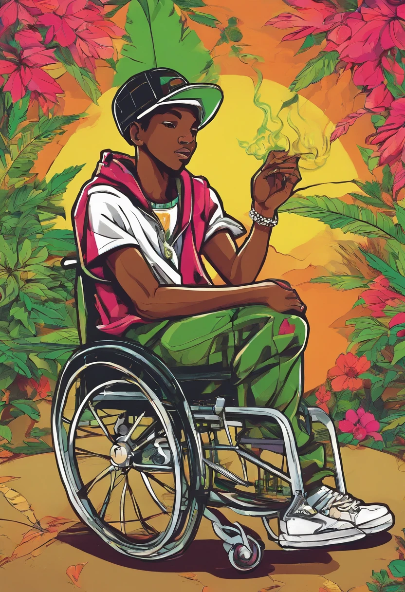 (hip hop scene) Jamaican boy in wheelchair smoking joints with Jamaican hat