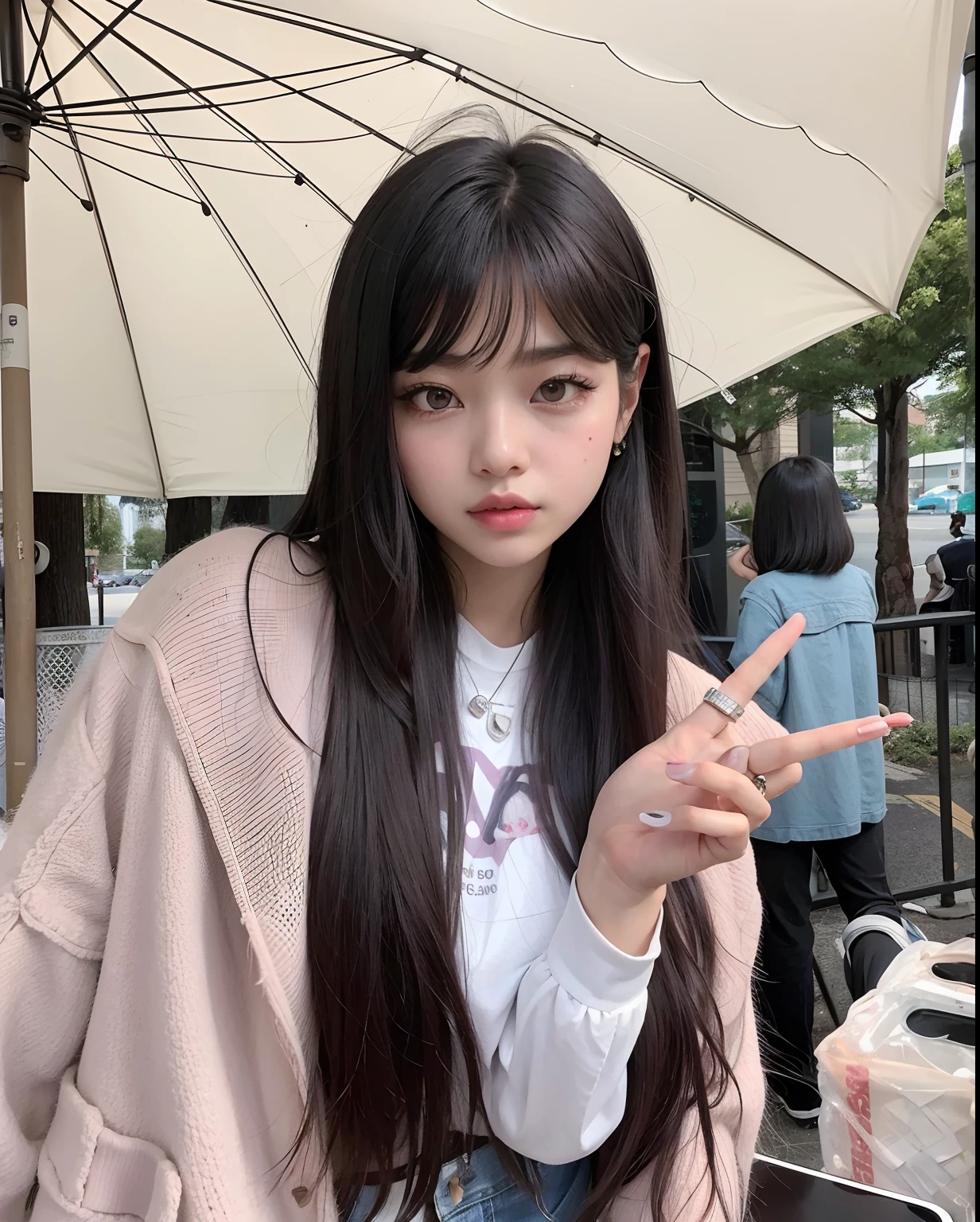 Araffe com cabelo preto longo e um casaco rosa segurando um guarda-chuva branco, Ulzzang, Ela tem cabelo preto com franja, cabelo comprido com franja completa, Kim Doyoung, cabelos longos com franja, Franja reta longa, cabelo preto longo com franja, com franja, com franja completa, Retrato de Jossi de Blackpink, Lalisa Manoban do Blackpink